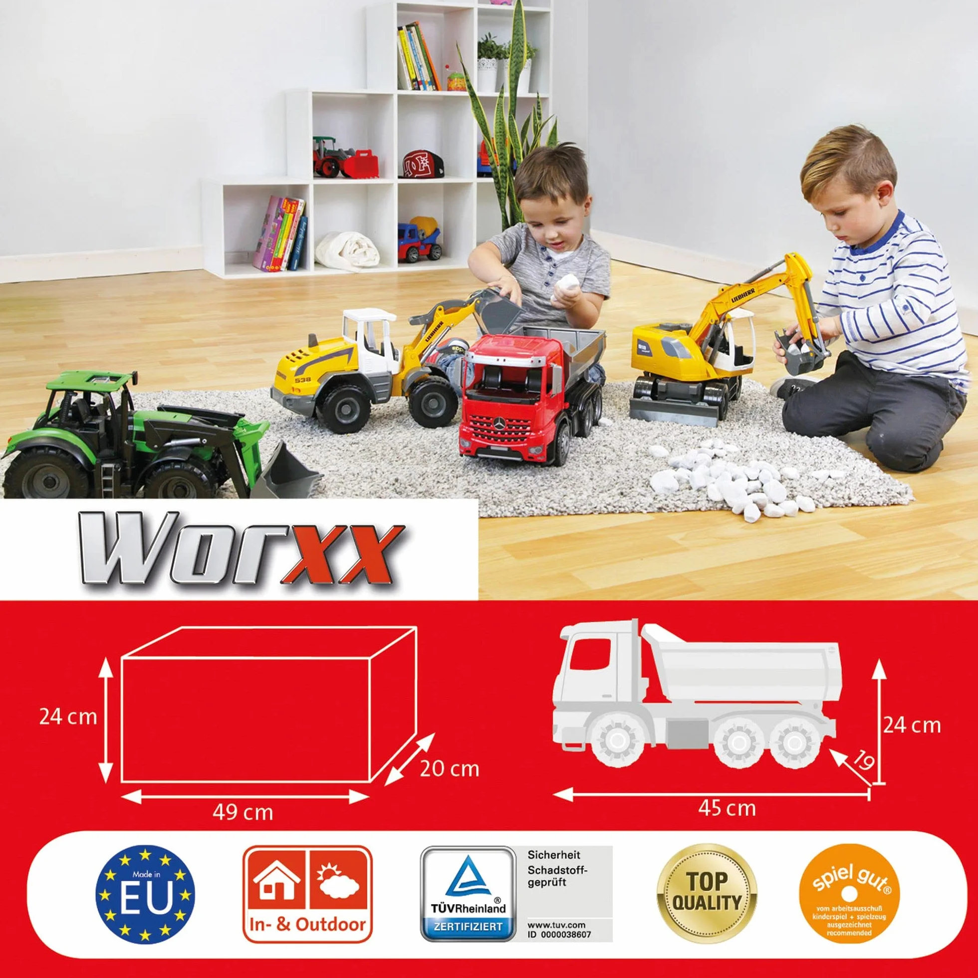 LENA - Worxx Mercedes Benz Arocs Ribaltabile Veicolo Giocattolo per 3+ Anni Bambini, Rosso/Grigio