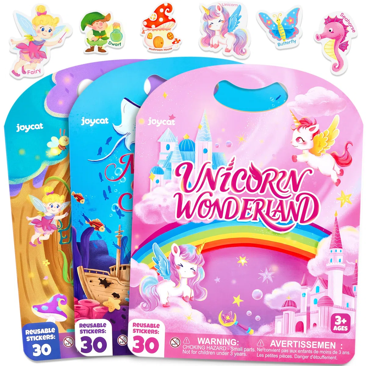 JoyCat 3 Libro Adesivi Attacca e Stacca Bambini: Unicorno, Fate, Sirena, 90 Stickers Bambini 3 4 5 6 Anni, Libri Attività con Adesivi Riutilizzabili, Giocattoli da Viaggio, Regalo Educativo Compleanno