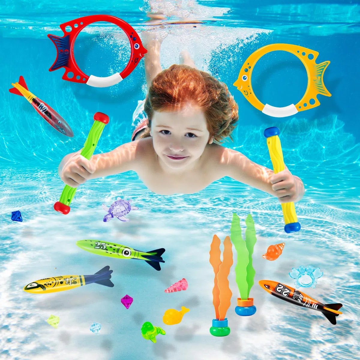 Mactoou Giocattoli da Immersione, 24 Pezzi Giochi Piscina Bambini, Immersioni per Nuoto Gemme per Giocattoli Subacquei, Giochi Acqua Regalo con Borsa per Bambina Bambini