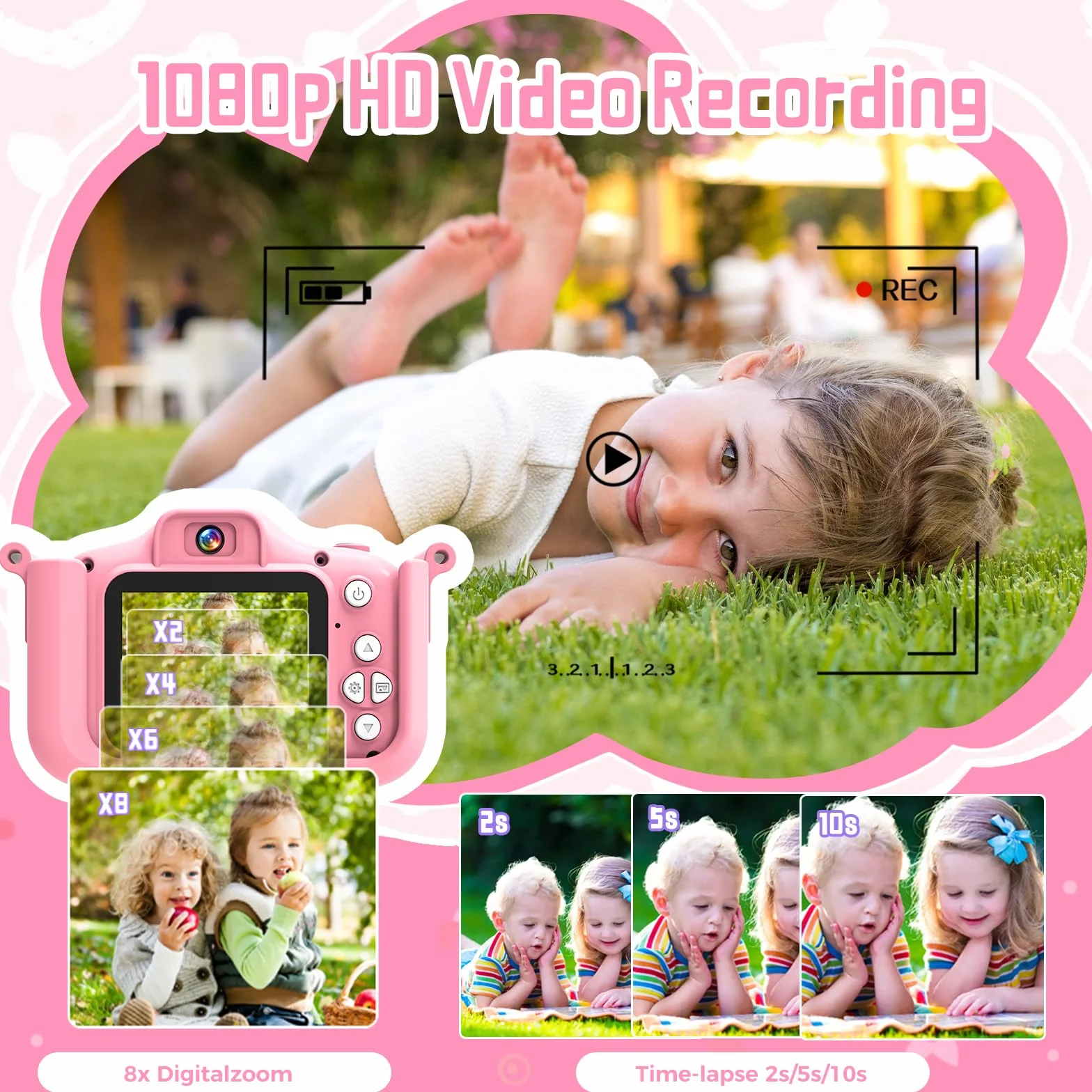 Fotocamera per bambini 1080P con 32GB e giochi - Fotocamera digitale per bambini dai 3 anni in su, fotocamera selfie con custodia in silicone unicorno, funzione di ricarica USB, musica e giochi