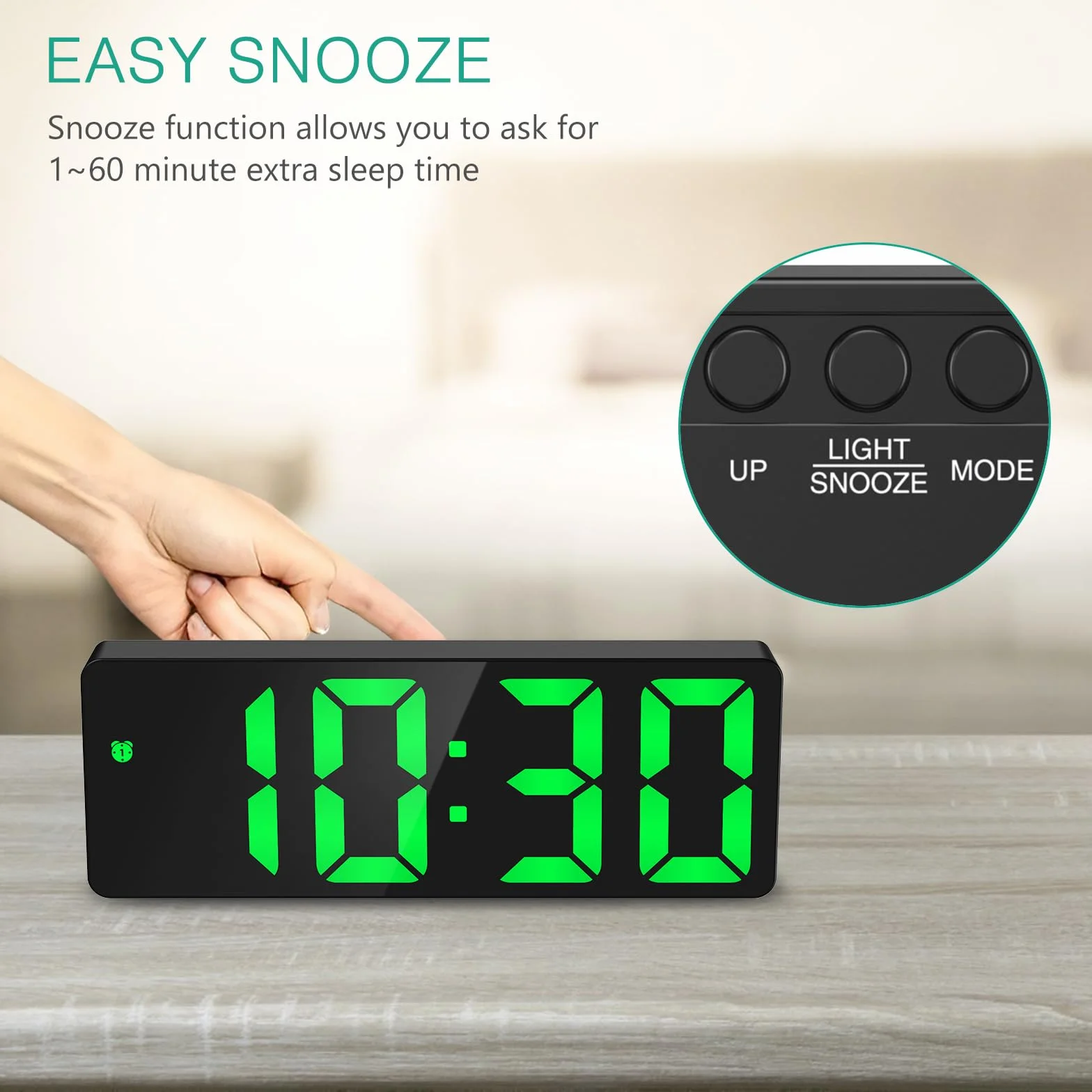 ORIA Sveglia Digitale da Comodino, Sveglia LED con Attivazione Vocale e Touch, Orologio da Tavolo con Data, Temperatura, Snooze, Luminosità su 3 Livelli, Alimentazione a Batteria/USB per Casa - Verde