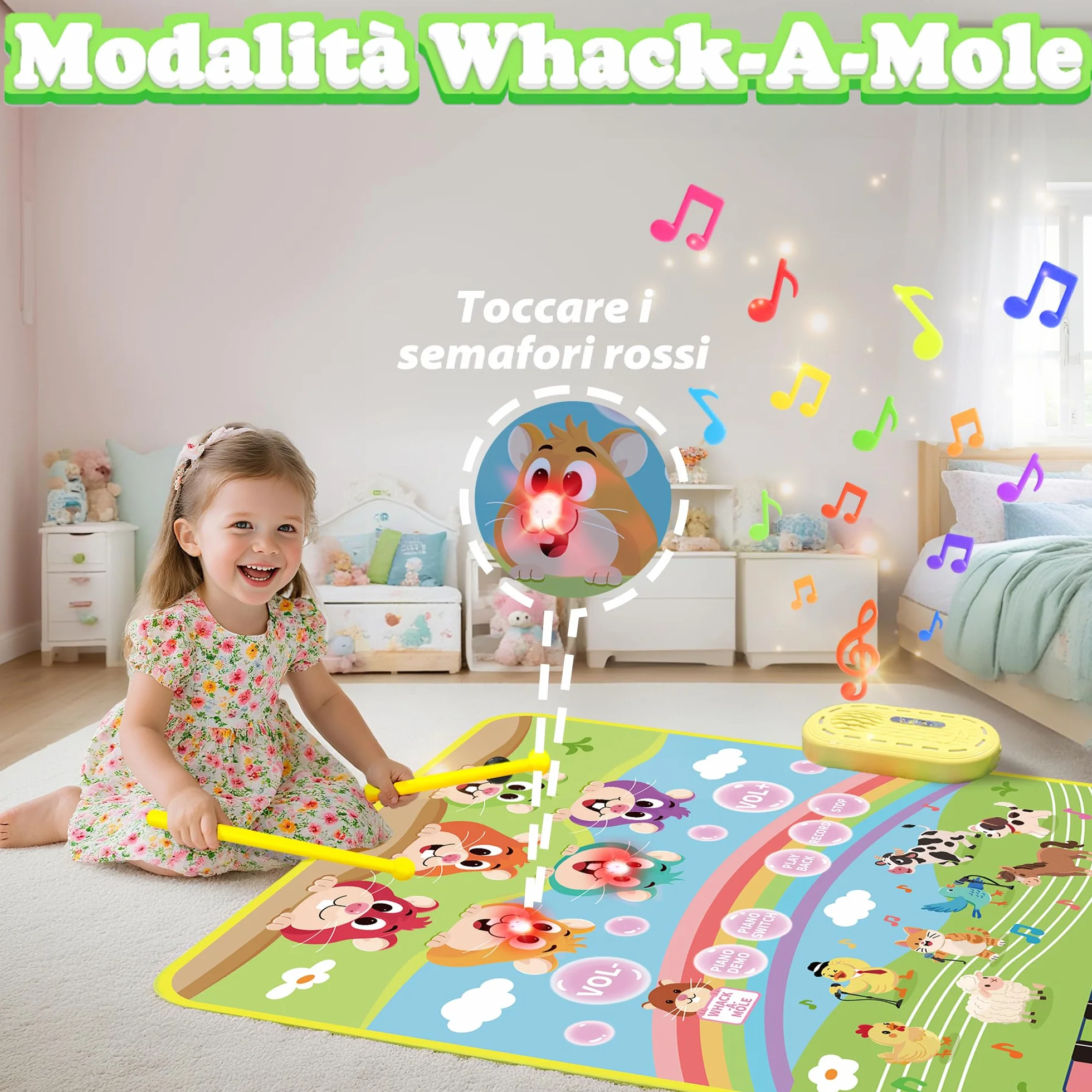 MOMUSE Tappeto Musicale con Gioco Colpisci la Talpa, Tappeto Pianoforte 3 in 1 per Bambini 1 2 3 Anni, Giocattoli Sensoriali Montessori per l'Apprendimento Precoce, Regali di Compleanno per 3 4 5 Anni