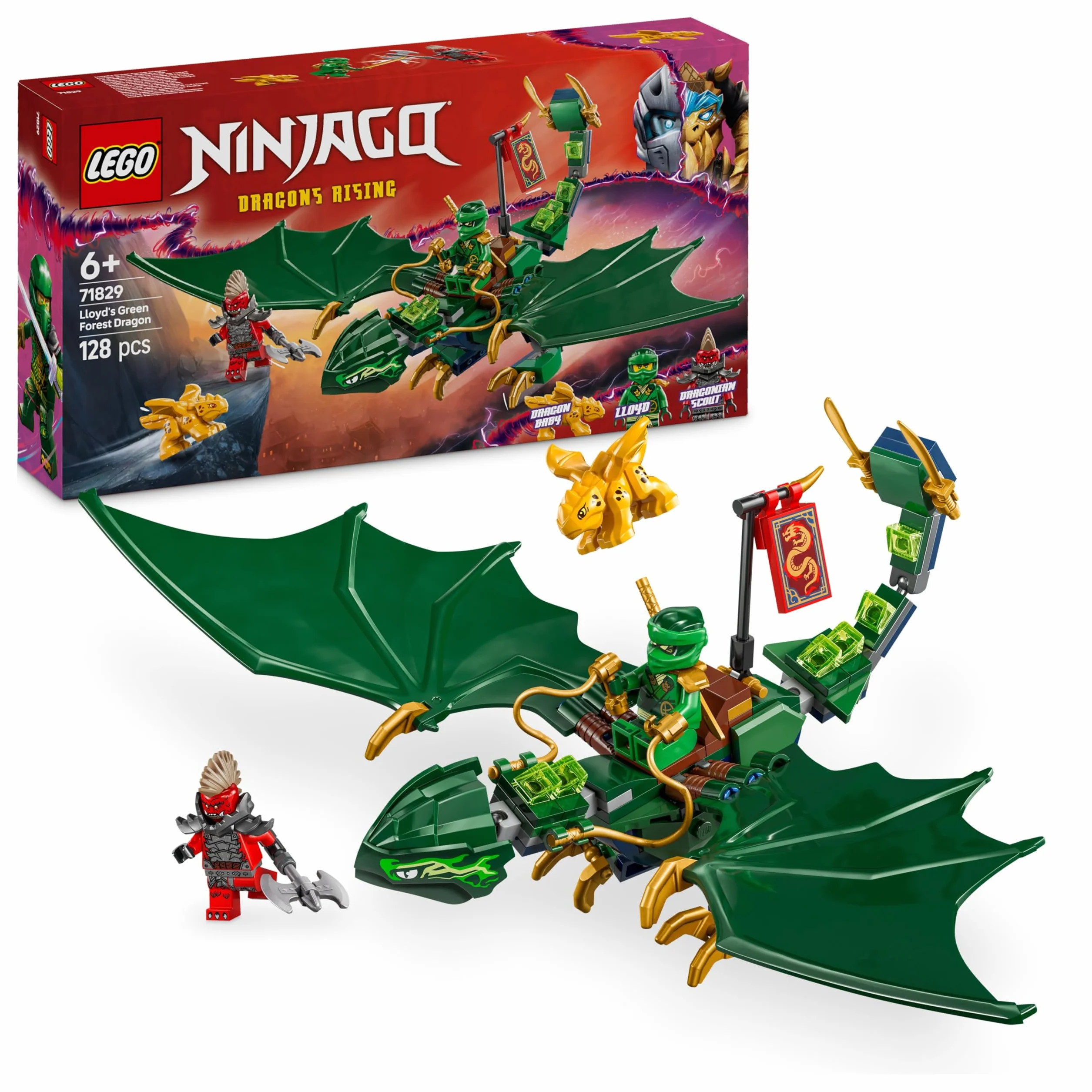 LEGO NINJAGO Drago della Foresta Verde di Lloyd - Figura Giocattolo Snodabile da Costruire, Set con 2 Minifigure, Armi e Cucciolo Dorato, Giochi per Bambini e Bambine da 6 Anni, Idea Regalo 71829