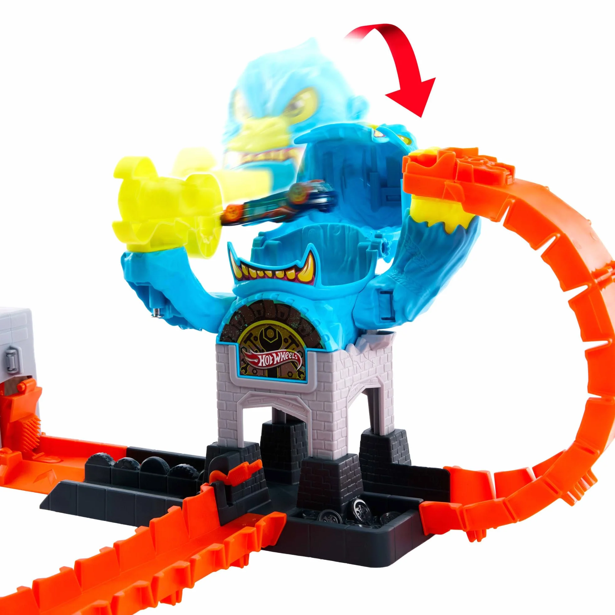 Hot Wheels - Attacco del Gorilla, set con curva pieghevole e officina, sconfiggi il gorilla e vinci la corsa, veicolo incluso e pista con sistema Speed Snap, 4+ anni, JHL92