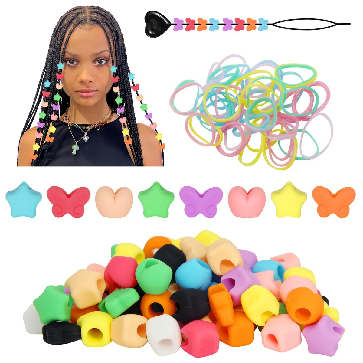 90 perline in silicone per capelli per bambine e ragazze, perline colorate in pony, accessori per capelli da donna lavabili, 10 colori, farfalle, cuori e stelle.