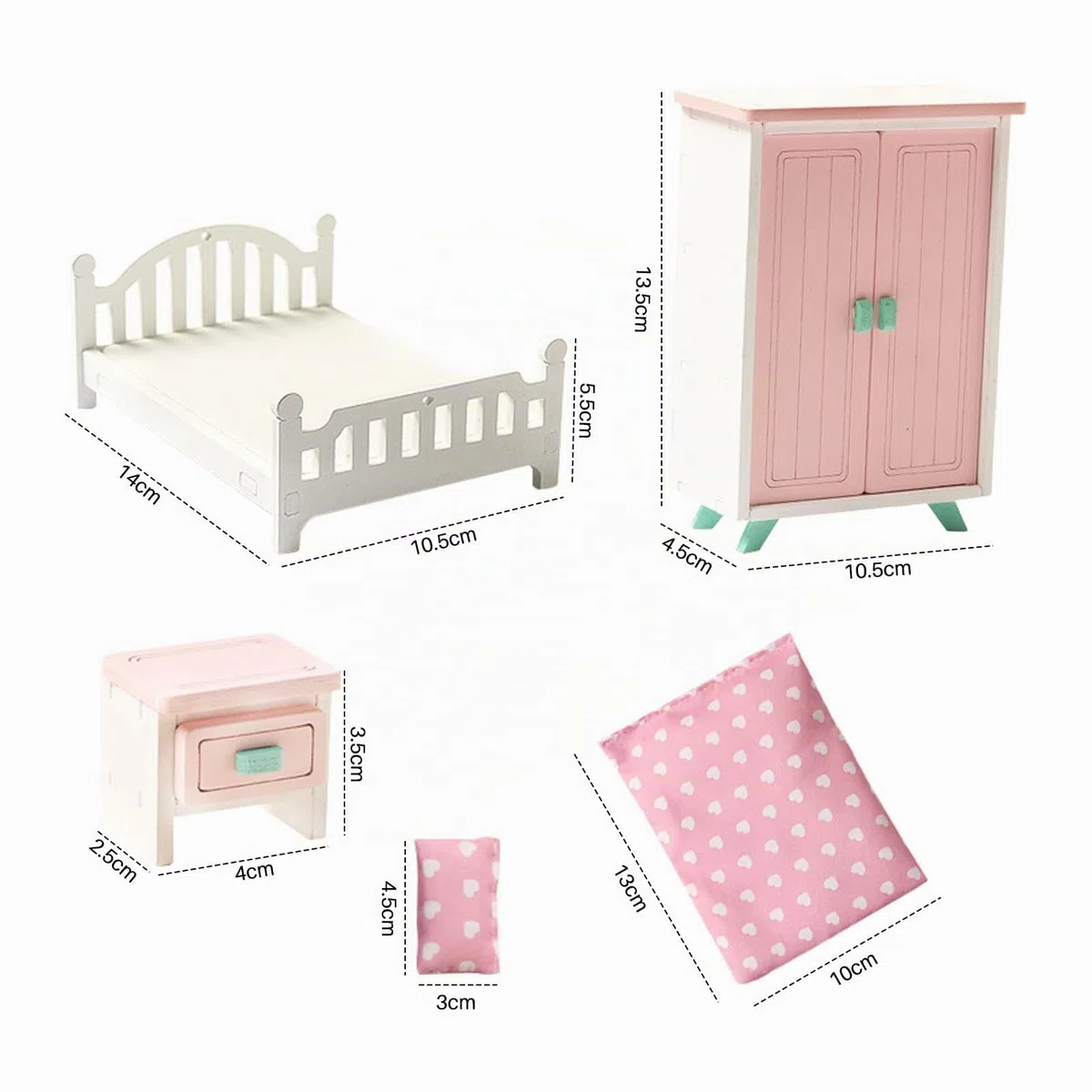 1/12 Miniatura Letto Matrimoniale in Legno Mini Comodino Camera da Letto Modello di Mobili per Bambole Decorazioni per La Casa Fai da Te,Mobili Dollhouse per casa delle Bambini Armadio Set Toy,7 pezzi