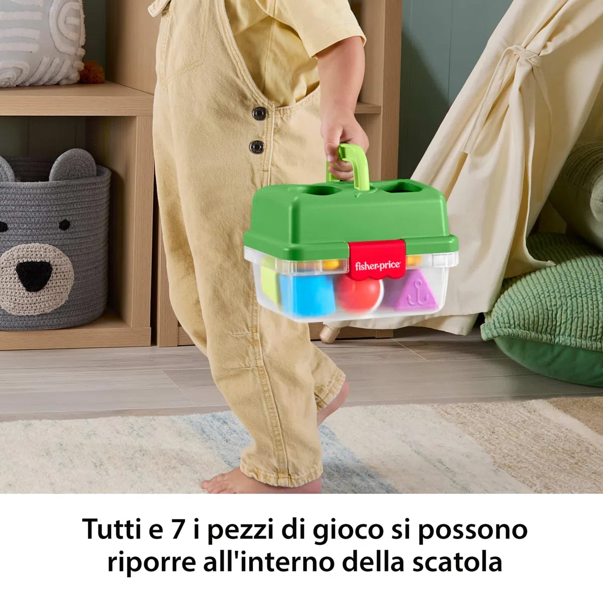 Fisher-Price - Cassetta Amici della Foresta, Set a Tema Pesca con retino e 6 Blocchi a Forma di Pesci, attività di Scelta per sviluppare la capacità di risoluzione dei Problemi, 6+ Mesi, JLB85