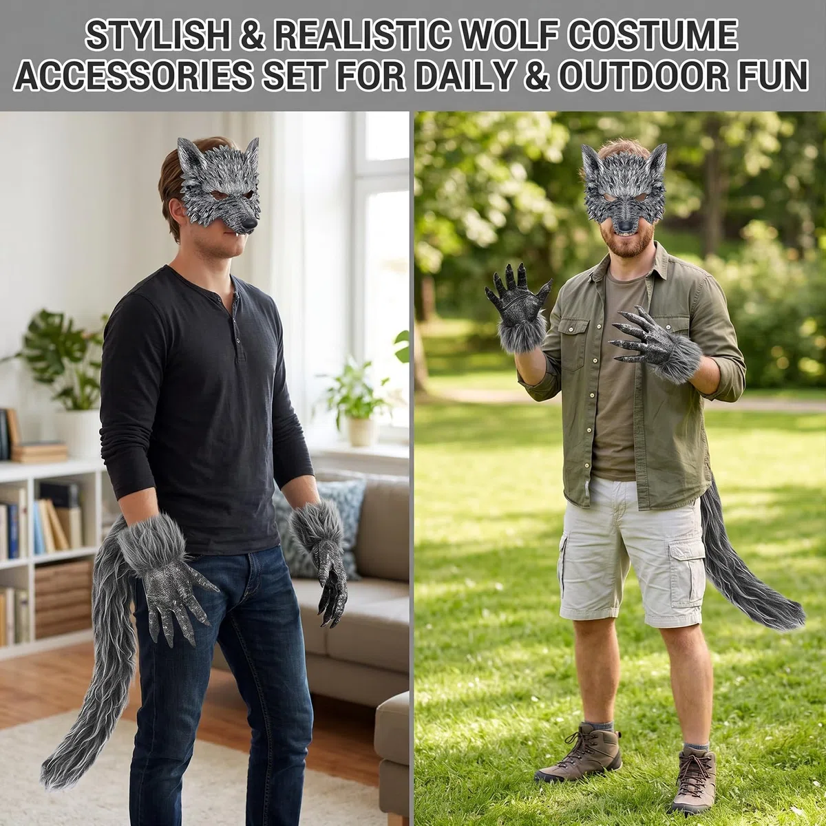 Costume da lupo per cosplay, maschera di lupo con coda di volpe, guanti, costume di carnevale per feste di Halloween