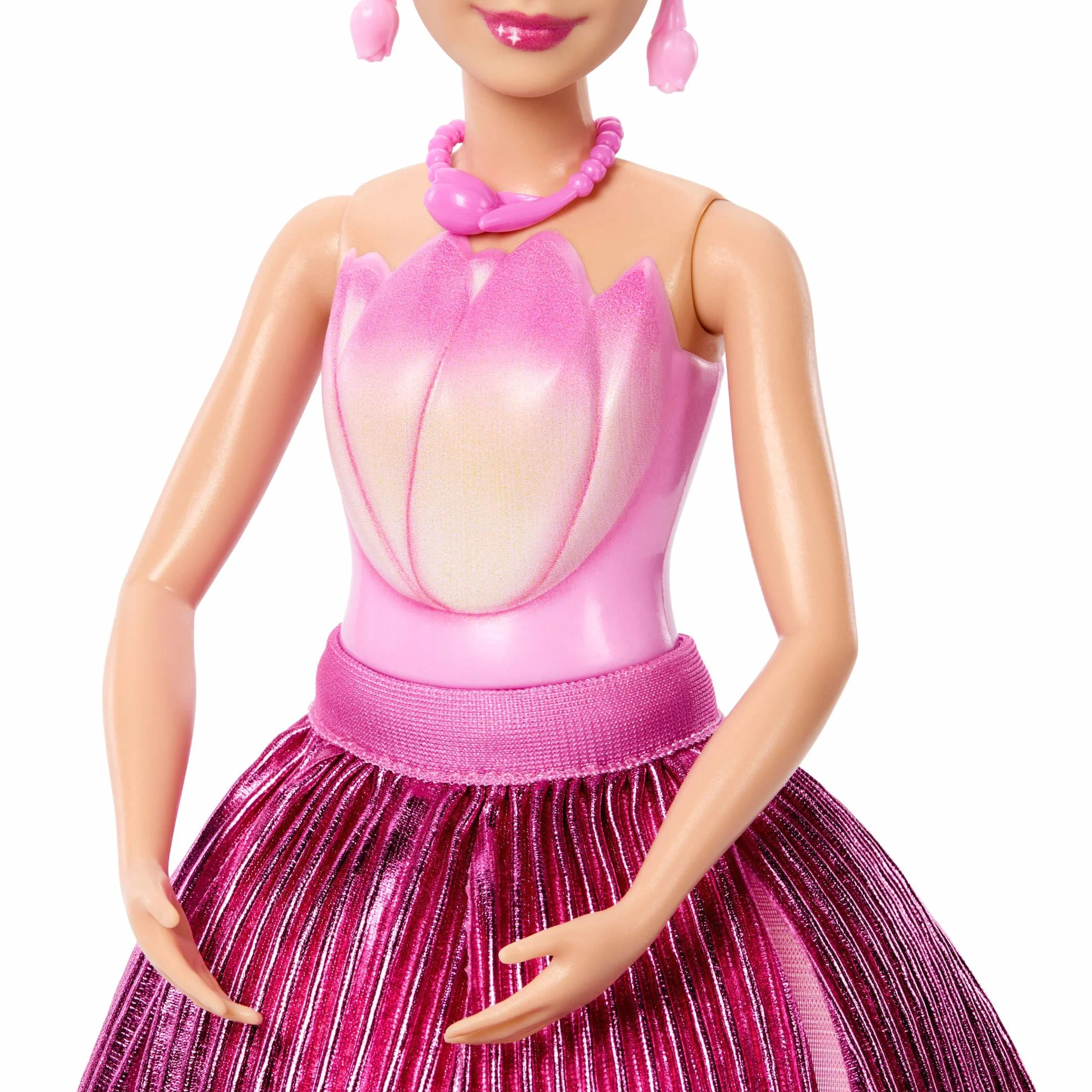 Barbie Petal Pop, bambola profumata con abito tulipano rosa e accessori, sorpresa bouquet con coniglietto e accessori come annaffiatoio, collana e orecchini, JMF57