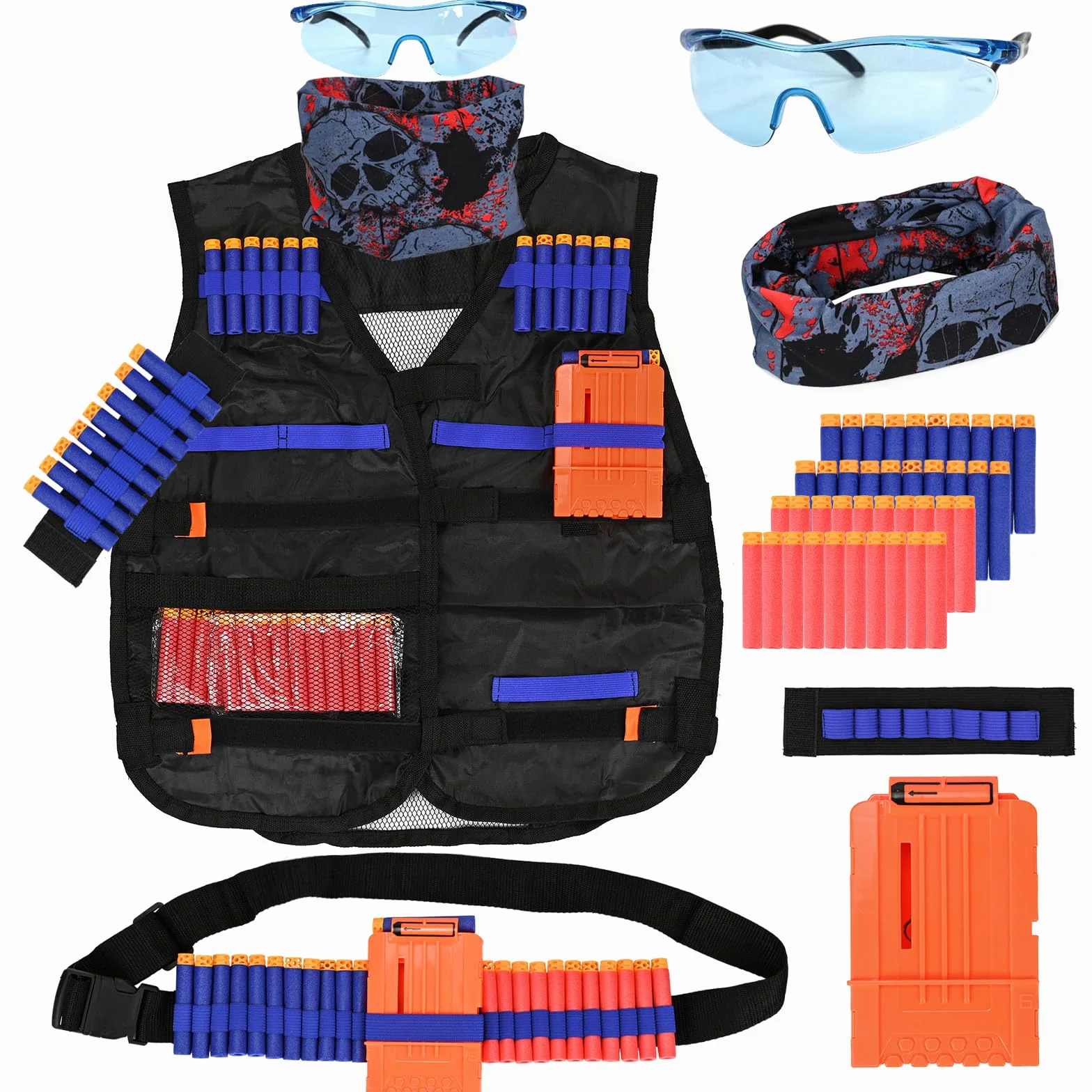 LUUFAN Tactical Gilet Kit per pistole NERF con clip di ricarica, frecce di ricarica, braccialetto, occhiali di protezione maschera tattica e frecce cinture regalo di compleanno