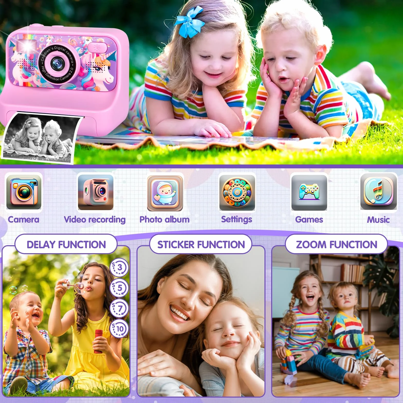 Macchina Fotografica Bambini Istantanea, Fotocamera Istantanea 2.4" 1080P Fotocamera Bambini con 32GB Schede e Carta da Stampa, Modalità Selfie e Video,Regali per Ragazzi Ragazze da 3-12 Anni