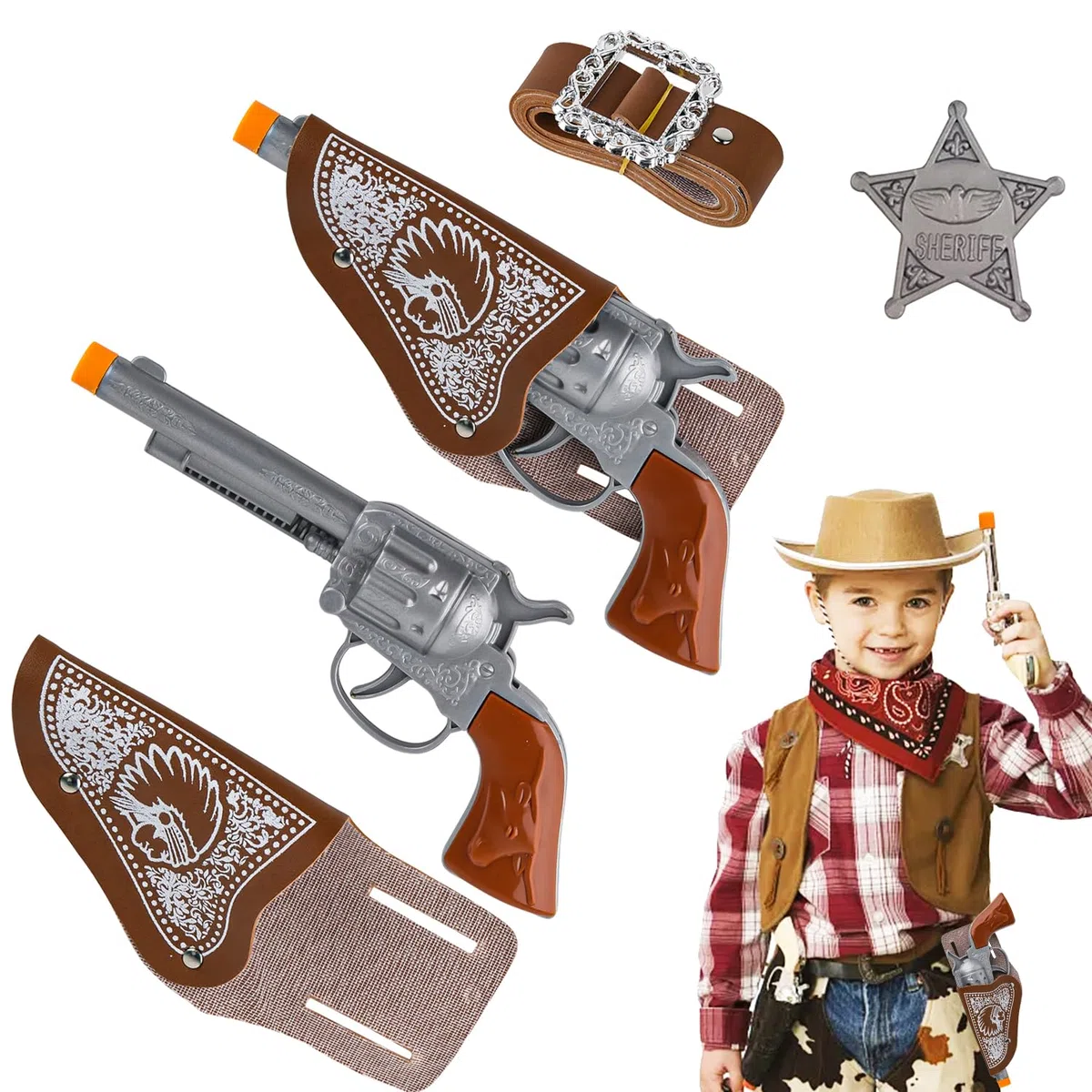 Cowboy Pistola 6 Set da Pistola Giocattolo Cowboy Plastica Accessori Cowboy Saccessori Costumecowboy con Fondina e Cintura per Carnevale Halloween