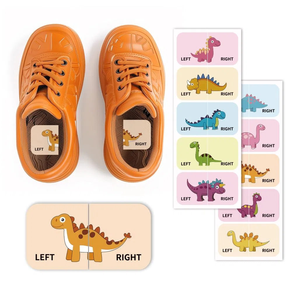Peacoblue Adesivi per Scarpe per Imparare Sinistro e Destro, Dinosauri 1pz (5 Coppie) Adesivi Autoadesivi per Scarpe per Aiutare a Indossare le Scarpe