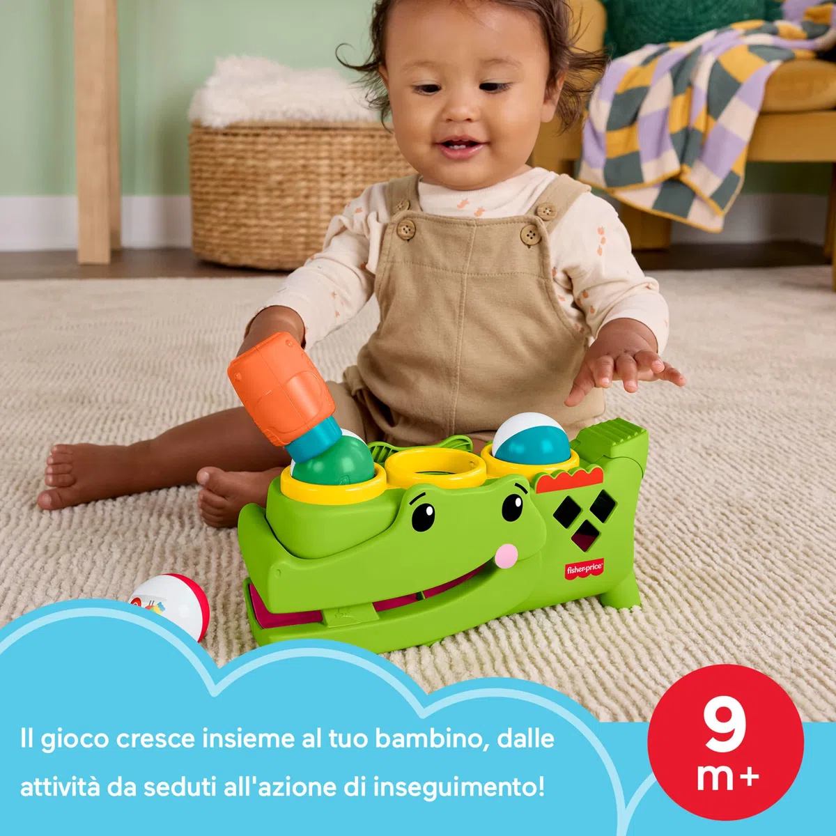 Fisher-Price - Coccodrillo Baby Giocoliere, Giocattolo evolutivo con martelletto e 3 Palline per Lo Sviluppo della motricità e Le Prime Fasi del Gattonamento, 9+ Mesi, JLB94