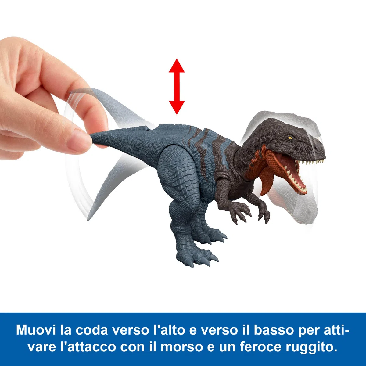 Mattel Jurassic World La Rinascita Abelisauro Ruggito Selvaggio, dinosauro giocattolo con morso multidirezionale azionato con la coda e suoni, snodato, gioco digitale, JGB91