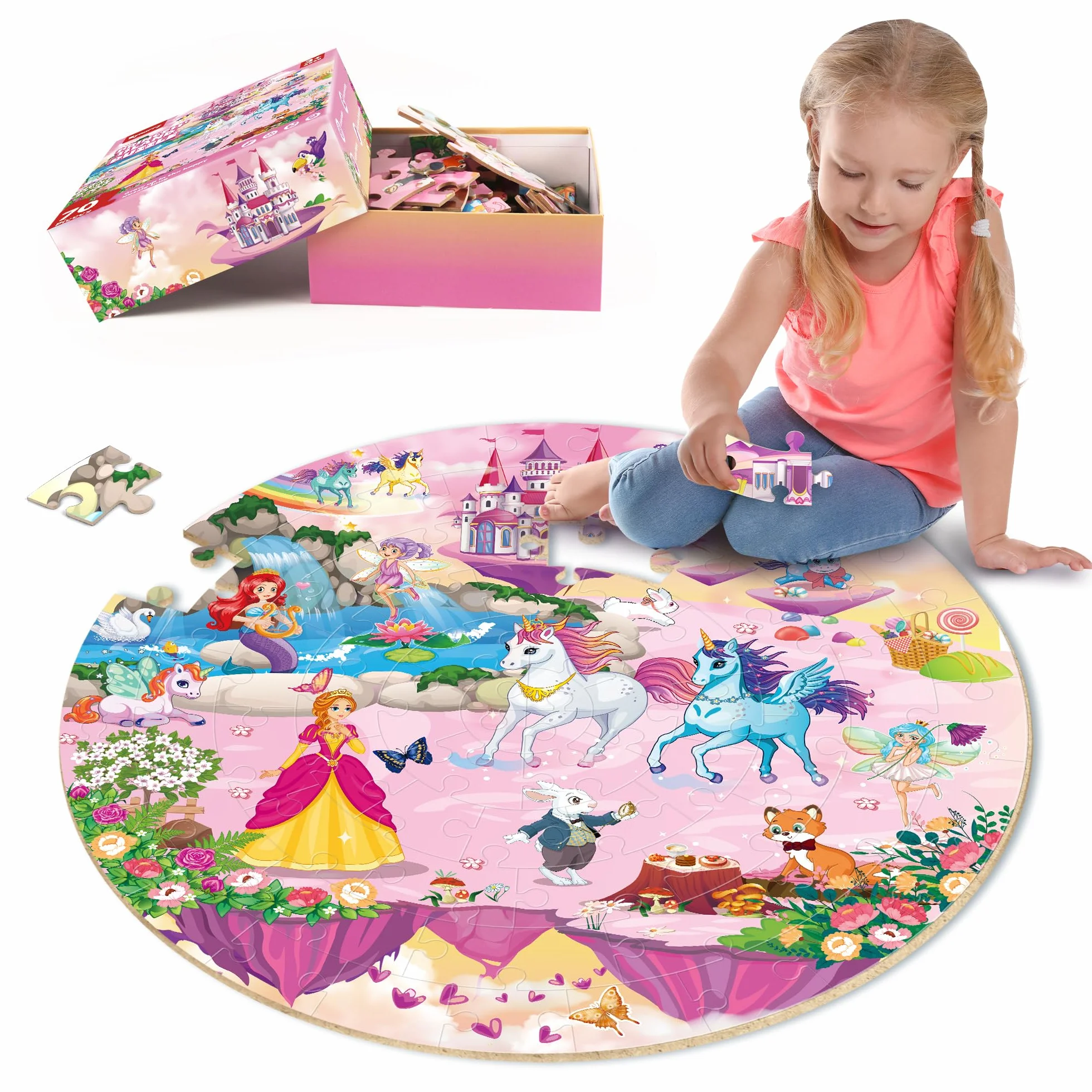 SYNARRY Puzzle da Pavimento Unicorno Princess in Legno Bambini 3 4 5 6 7 8 Anni, 70 Pezzi Puzzle Unicorno, Giocattoli Educativi Prescolari Regali