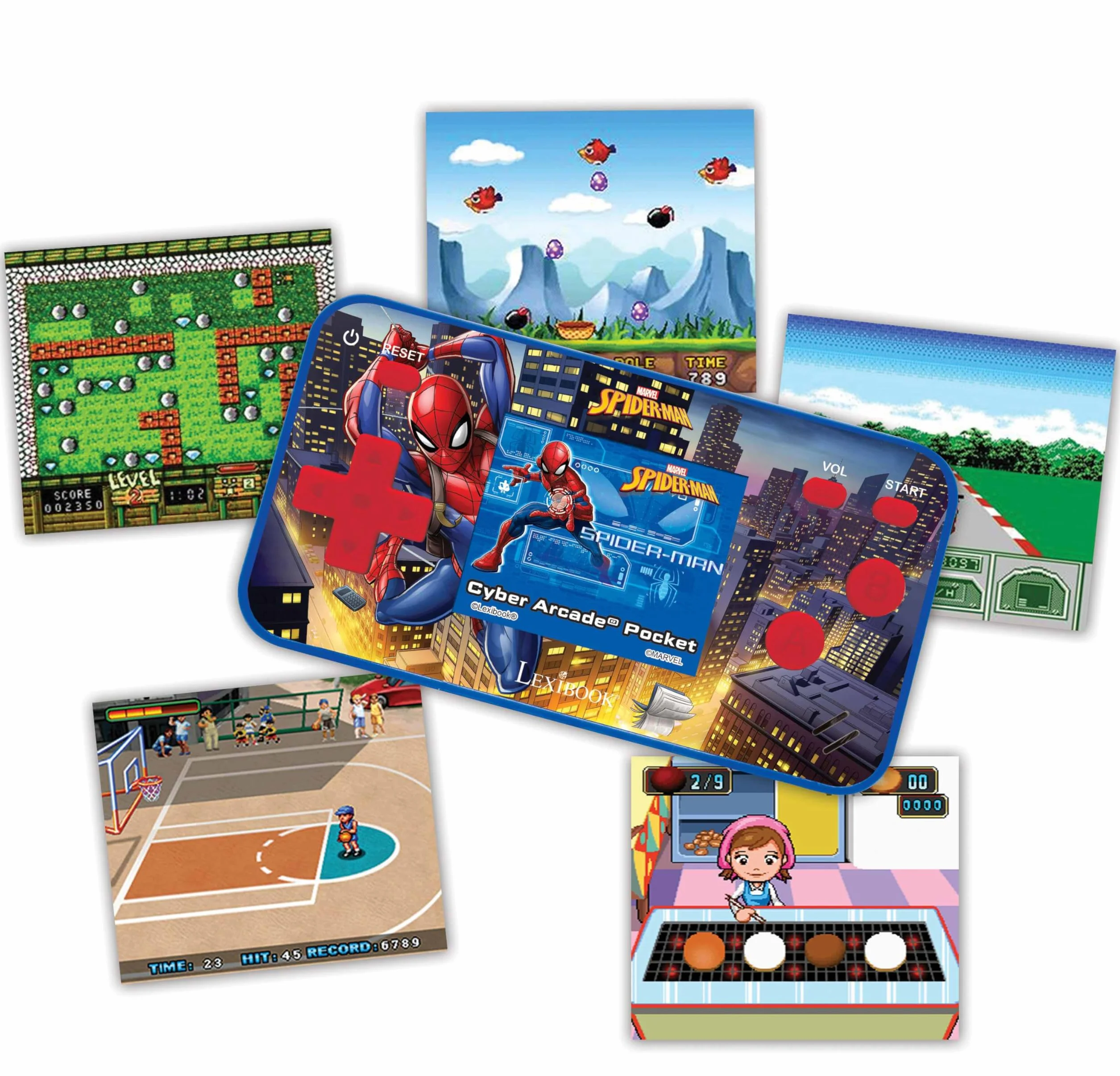 Lexibook Spider-Man Console di gioco portatile Cyber Arcade Pocket, 150 giochi, LCD, batteria, rosso / blu, JL1895SPLXB
