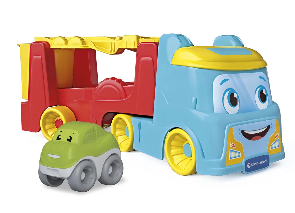 Clementoni - Camion Giocattolo per Bambini, Tumbling Car Transporter in Plastica Riciclata con Camion Trasportatore, Pista per Auto e Macchinina, Gioco Prima Infanzia 18-16 Mesi, Made in Italy, 17892