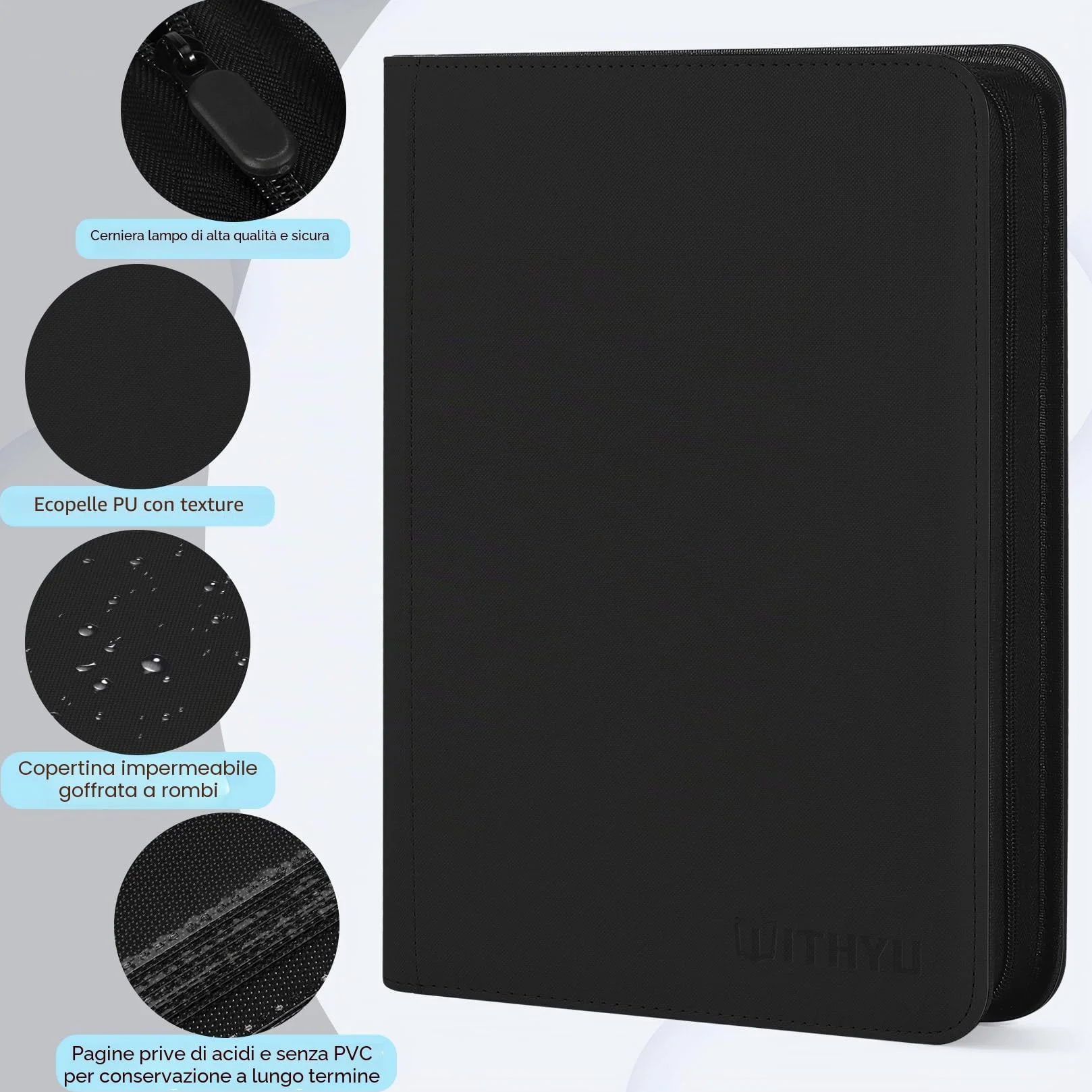 WITHYU Album da Collezione per Carte con 9 Tasche, Capienza 540 Carte - Portacarte Impermeabile con Caricamento Laterale e Cerniera per TCG, Calcio & Collezione, Portatile (Nero)