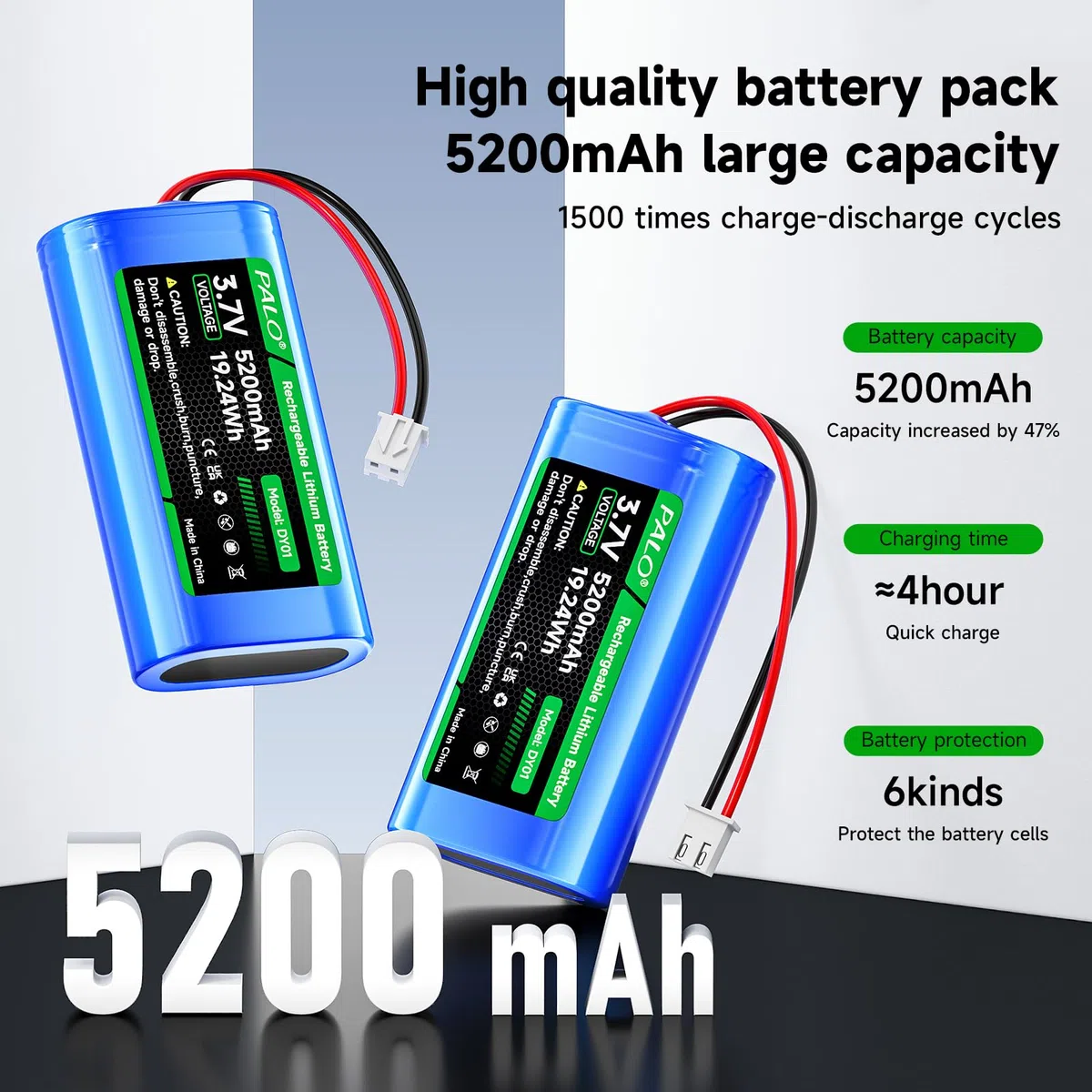 3.7V 5200mAh Batterie riutilizzabili, XH2.54/2P Batterie di litio per auto per giocattolo RC, telecamera wireless solare, altoparlante wireless, luce a LED esterna, lampada a parete
