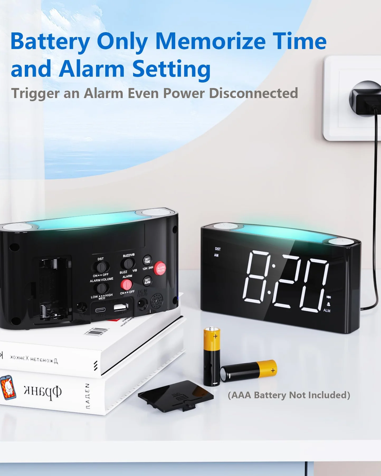 Sveglia con vibrazione per dormiglioni e persone con problemi di udito, tipo caricatore C, 12/24 H, sveglia ad alto volume con 7 luci notturne, grande display LED, dimmer, snooze, batteria di backup