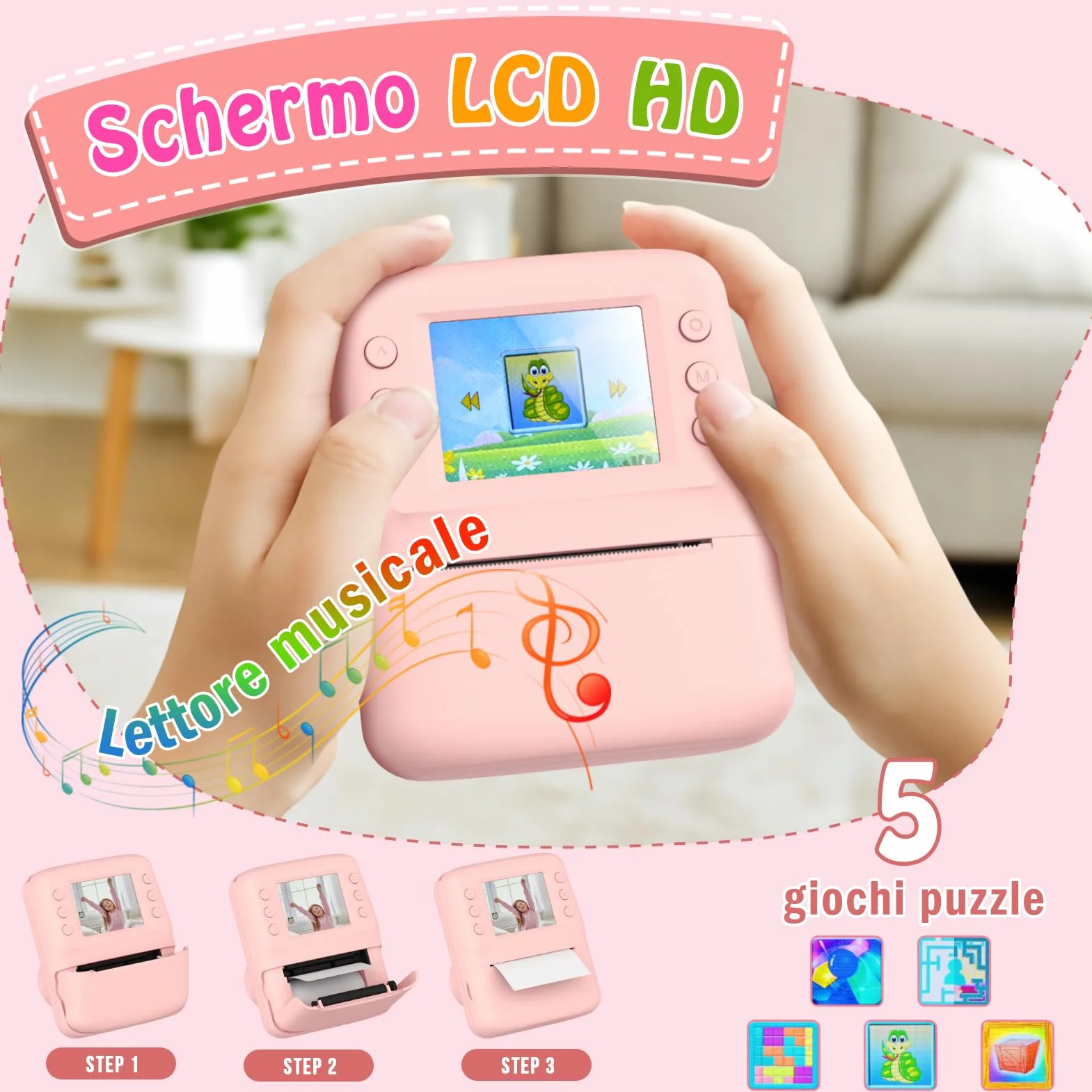 Macchina Fotografica Bambini Istantanea, 2.4" HD Fotocamera Bambini Regalo Bambina 3-10 Anni Macchina Fotografica Digitale Giochi Bambina 3-8 Anni Fotocamera Istantanea Regalo Natale
