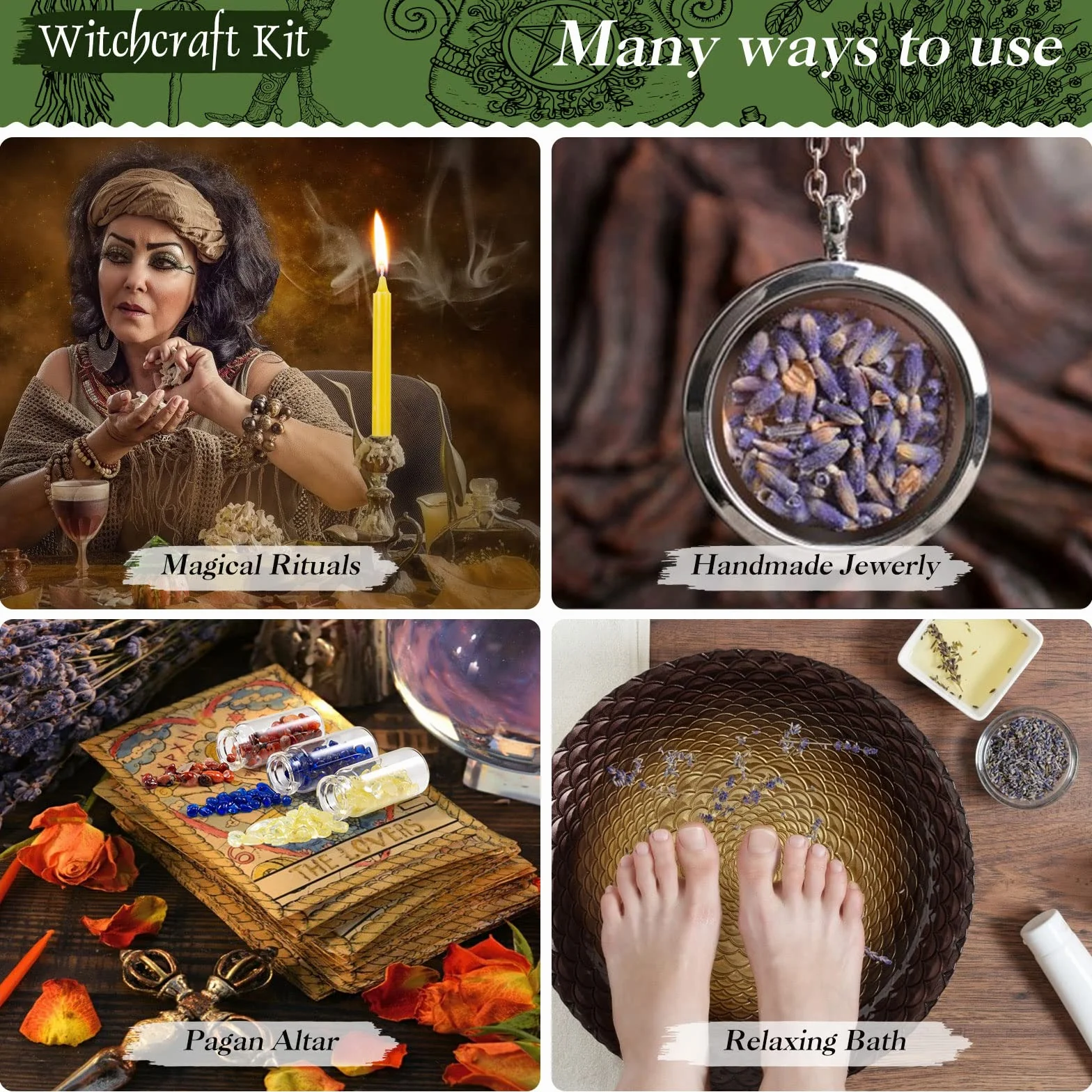 MULEVIP Oggetti Kit 52 Pezzi Forniture per Stregoneria, per la Preghiera, Bottiglia dei Desideri di Cristallo, Fiori secchi, Materiali Medicinali, ,Incantesimi, Magia