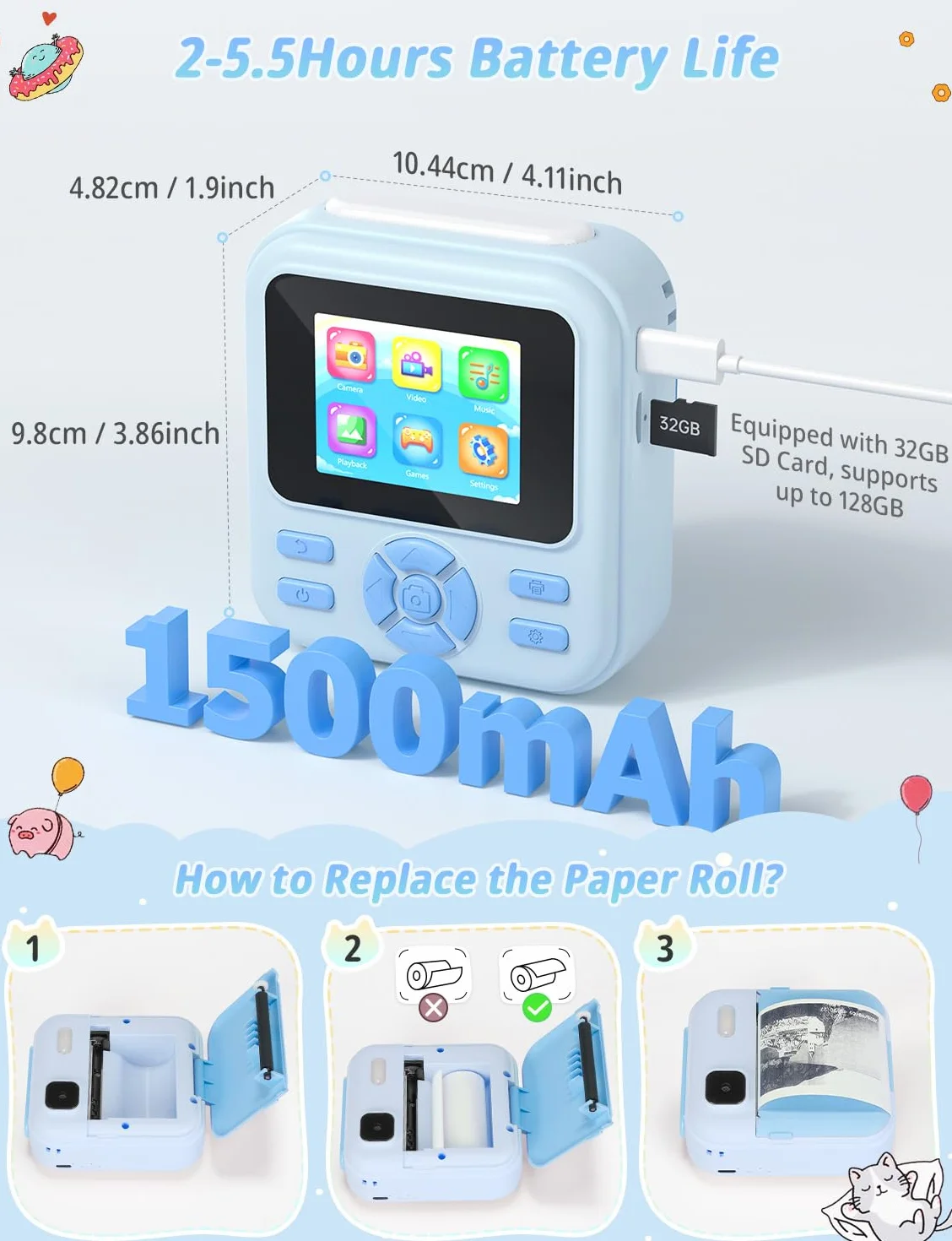 YOHOOLYO Macchina Fotografica Bambini Istantanea 2.4 Pollici, 1080P HD con scheda SD da 32GB, 6 penne colorate e 3 rotoli di carta da stampa, regalo per bambini da 3 a 14 anni-Rosa (Blu)