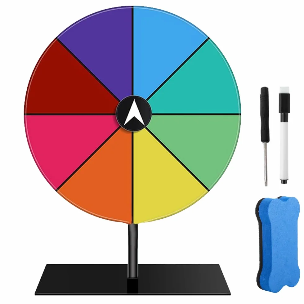 Ruota della fortuna da ruotare, 20 cm, 8 colori, da personalizzare con supporto, penna asciutta e gomma, in acrilico, per giochi di parole, carnevale, feste