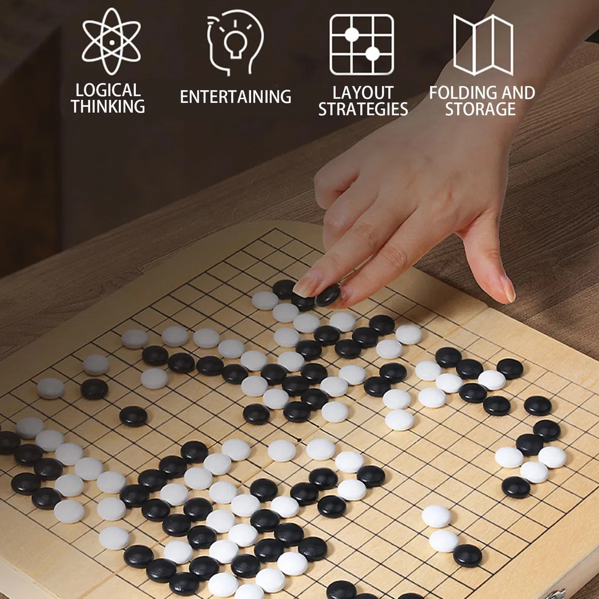 Gioco Go in legno, gioco da tavolo Go - Gioco educativo Go, gioco Go pieghevole per bambini, set da tavolo, campeggio, viaggi, feste, Go Gomoku Scatola portaoggetti pieghevole in legno 2 in 1, set da