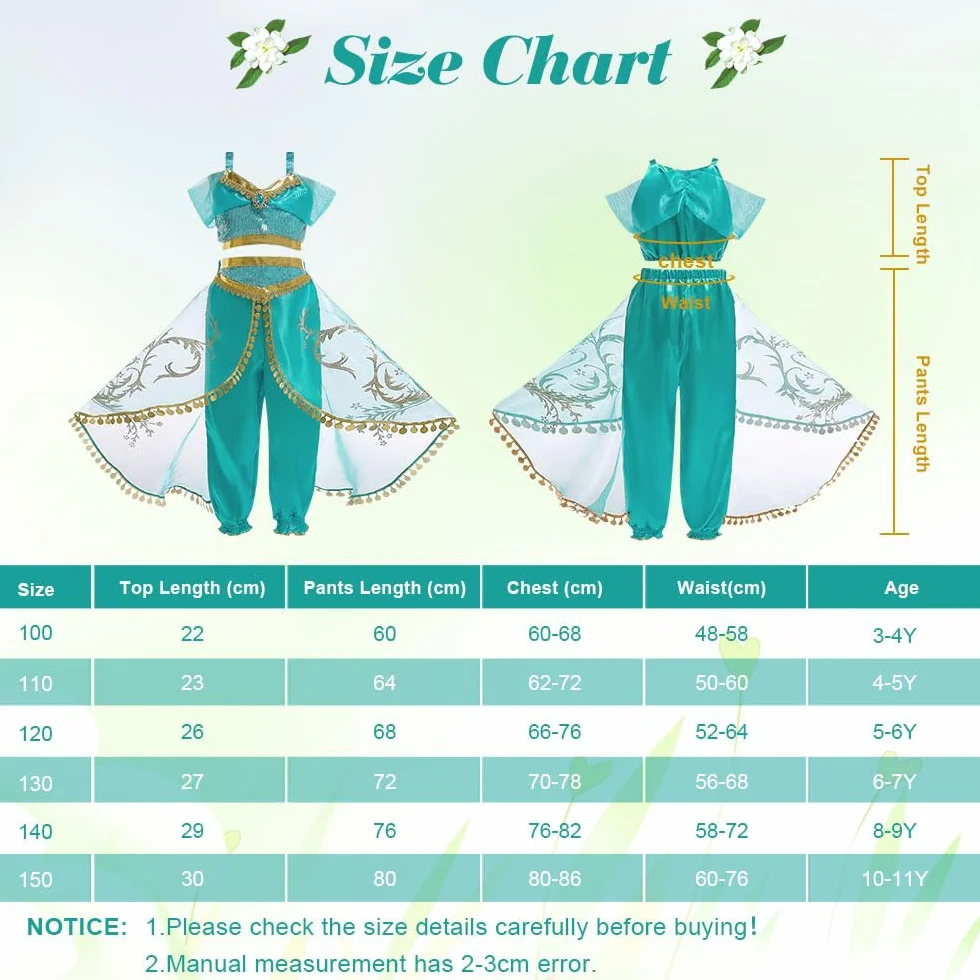 ACWOO Costume Vestito Jasmine Principessa per Ragazza Bambini, Jasmine Costume Ragazze Principessa con Parrucca, Jasmine Principessa Abiti Ragazze per Festa Danza Compleanno Halloween Cosplay