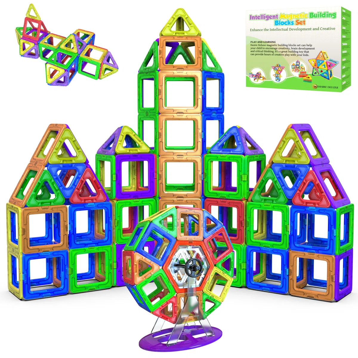 Desire Deluxe 94 PEZZI Costruzioni Magnetiche per Bambini Gioco Educativo e Creativo per Bimbi da 3 Anni Plastica ABS Alimentare Atossica 94 Blocchi Magnetici con Angoli Smussati Diverse Forme