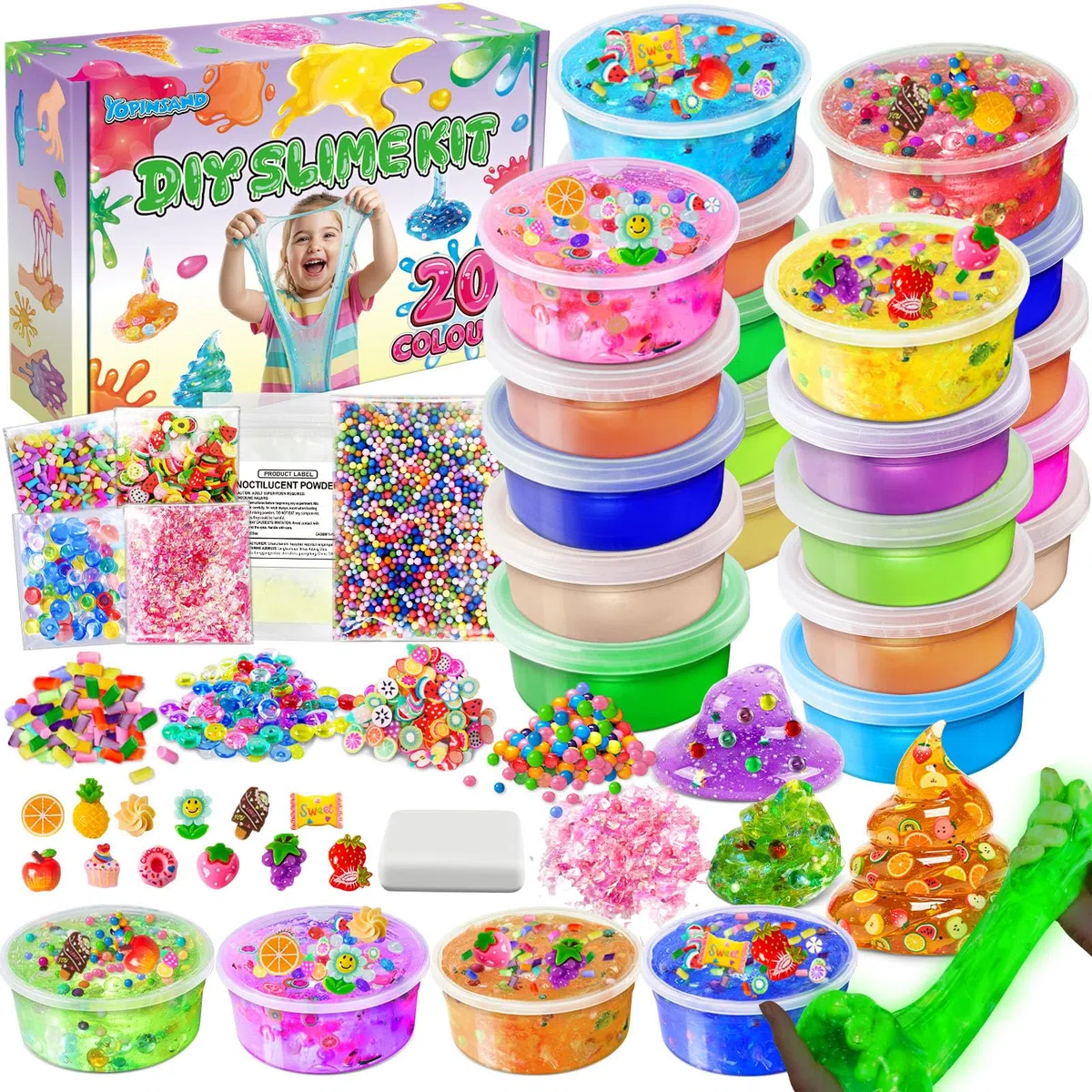 YOPINSAND 20 Colori Fai da Te Slime Kit Slime Making per Ragazze, Crystal Clear Slime, Glow in the Dark Slime con Sfere di Schiuma Aggiuntive, Charms, Glitter, Giocattolo Regalo per Bambini