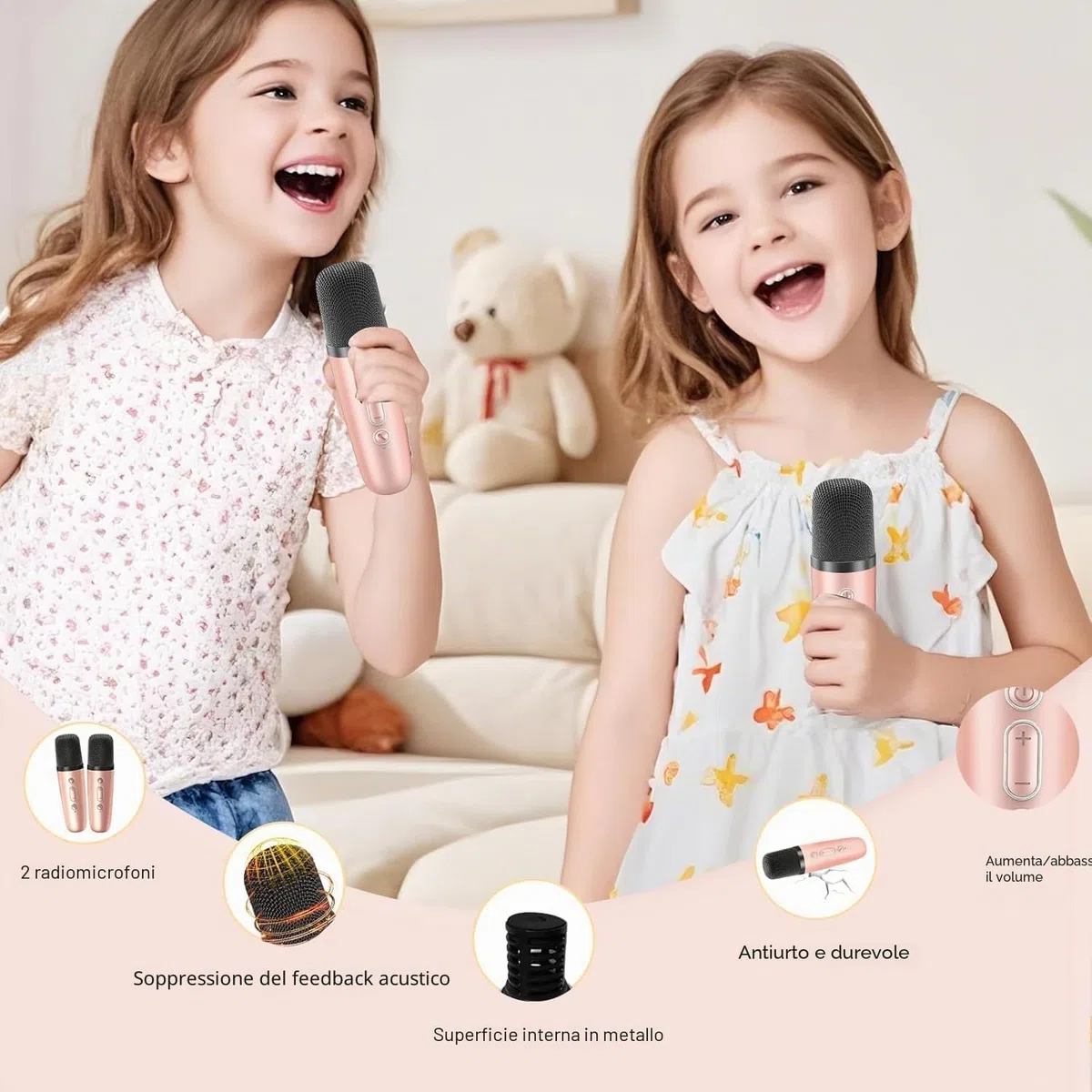 Macchina Karaoke Bambini con 2 Microfoni Senza Fili HiFi Microfono Karaoke Bluetooth Mini Portatile Microfono Karaoke con Cambiatore di Voce Magico e Luci LED, Regalo Giocattolo per Ragazzi 3-12 Anni