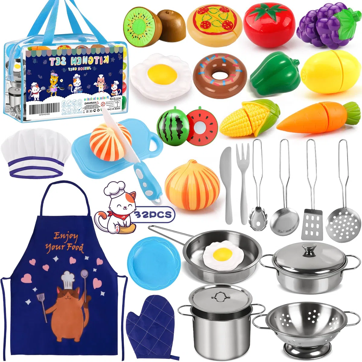 Set Cucina per Bambini 32 Pezzi - Accessori, Pentole e Padelle in Acciaio Inossidabile, Utensili, Grembiule - Giocattolo Educativo