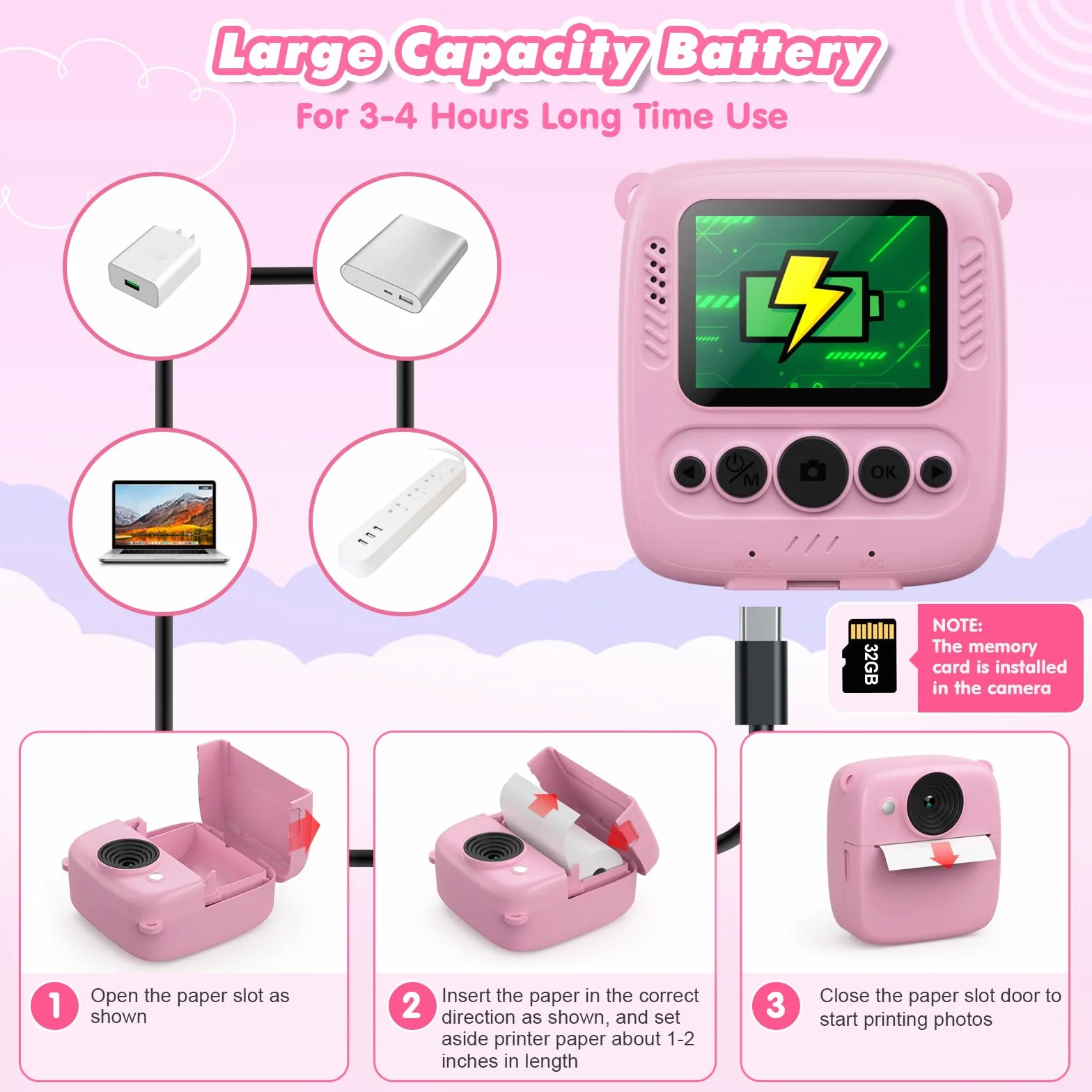 CalineGam Macchina Fotografica Bambini Istantanea, 2.0 Pollici Fotocamera Digitale Bambini con 32GB Scheda e Carta Fotografica, Regali di Natale Compleanno per 4 5 6 7 8 9 10 Ragazze Ragazzi (Rosa)