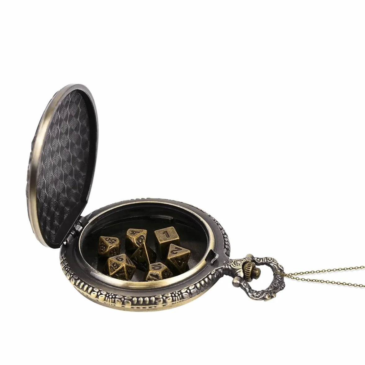 Mini set di dadi DND con orologio a forma di testa di lupo in rilievo, 7 dadi poliedrici in lega di zinco, catena in bronzo anticato, confezione regalo per giochi di ruolo da tavolo