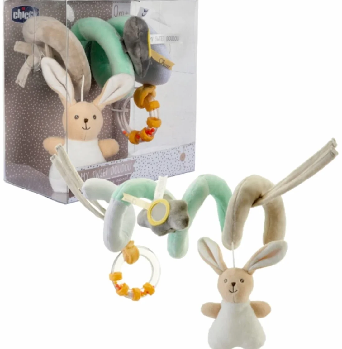 Chicco - Gioco Fune Passeggio My Sweet Doudou, in Morbido Tessuto Velour e Tessuti Diversi, con 3 attività di Gioco, Agganciabile Facilmente a Passeggino e Carrozzina, Beige, età 0 Mesi+
