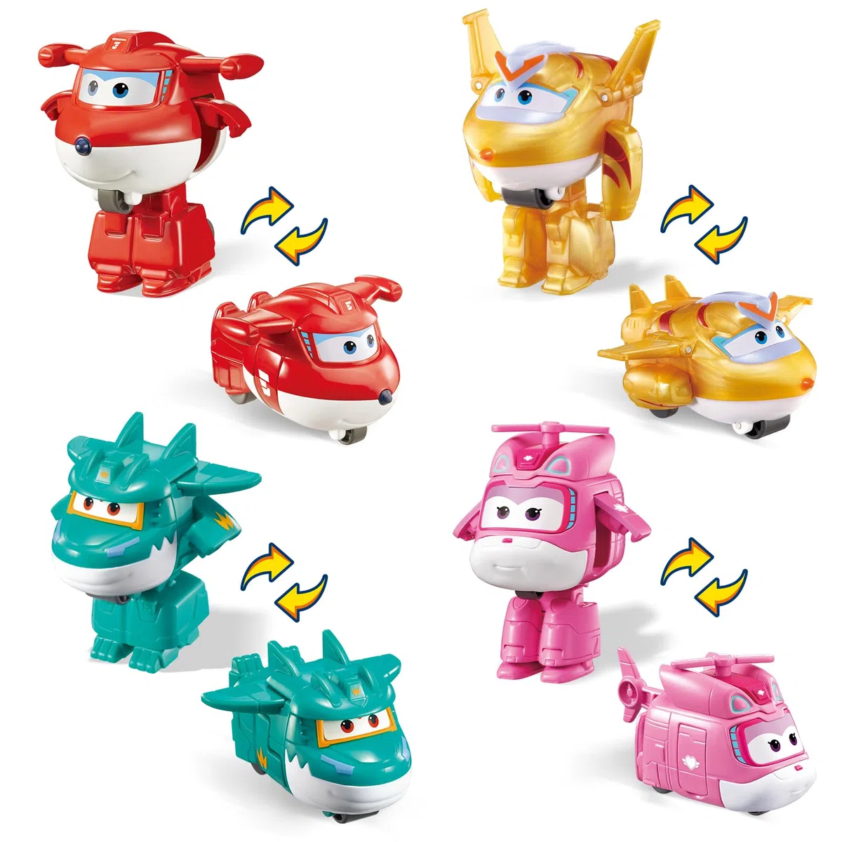 Super Wings Personaggi Trasformabili, Confezione da 4 Pack, 5 cm Jett & DIzzy & Golden boy & Tino, Giocattoli per Bambini 3+ Anni, Senza Batterie, Plastica ABS Sicura, Action Figures da Collezione