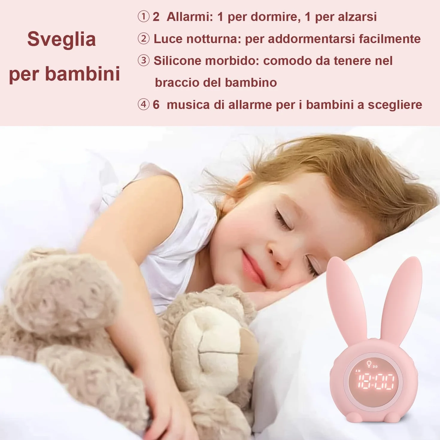 YONGYAO Sveglia Bambini Sveglia luminosa per bambini Réveil pour enfants avec motif de lapin mignon pour filles Réveil de la lumière Réveil Fonction Snooze Aimant Installation Timed Lapin Horloge