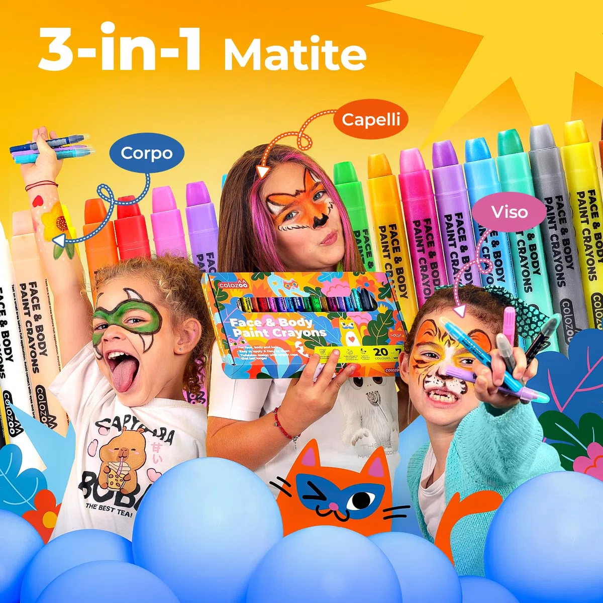 Kit di matite trucco Colozoo 20 colori per bambini | Pittura viso con pennelli e stencil | Trucco bambini, pittura pancione, trucco carnevale, matite trucco viso, make-up bimbi sicuro