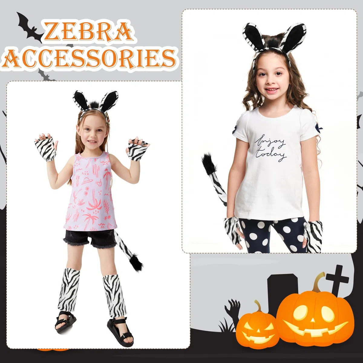 Hifot 6 Pezzi Set di Costumi per Zebra, Zebra Cerchietto con Orecchie Coda Guanti Scaldamuscoli, Zebra Costume Animale Accessori per Bambini Adulti per Cosplay Halloween Carnevale Festa a Tema