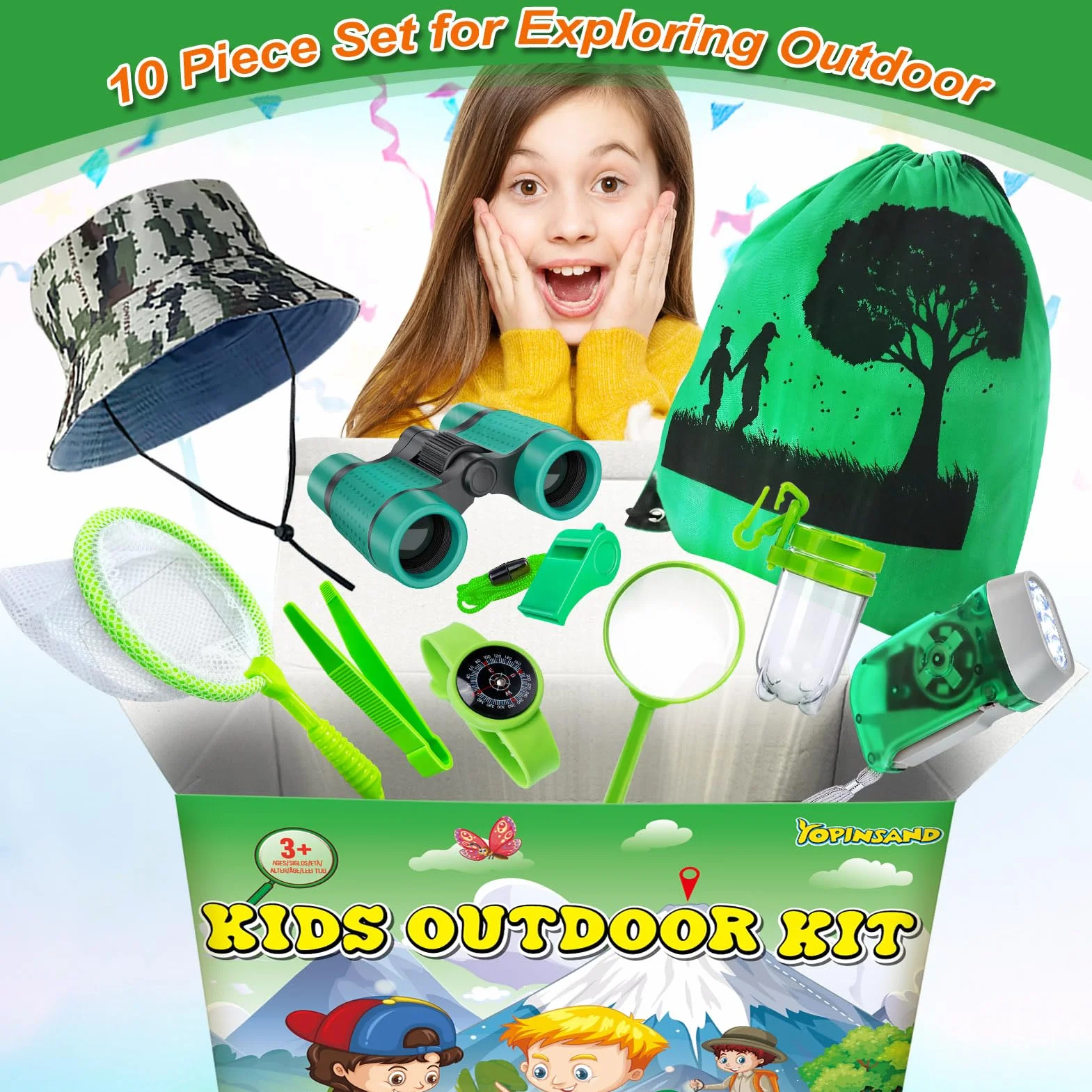 Set da esplorazione per bambini, con zaino, cappello e binocolo, giocattolo da esterno per bambini, ragazze e ragazzi