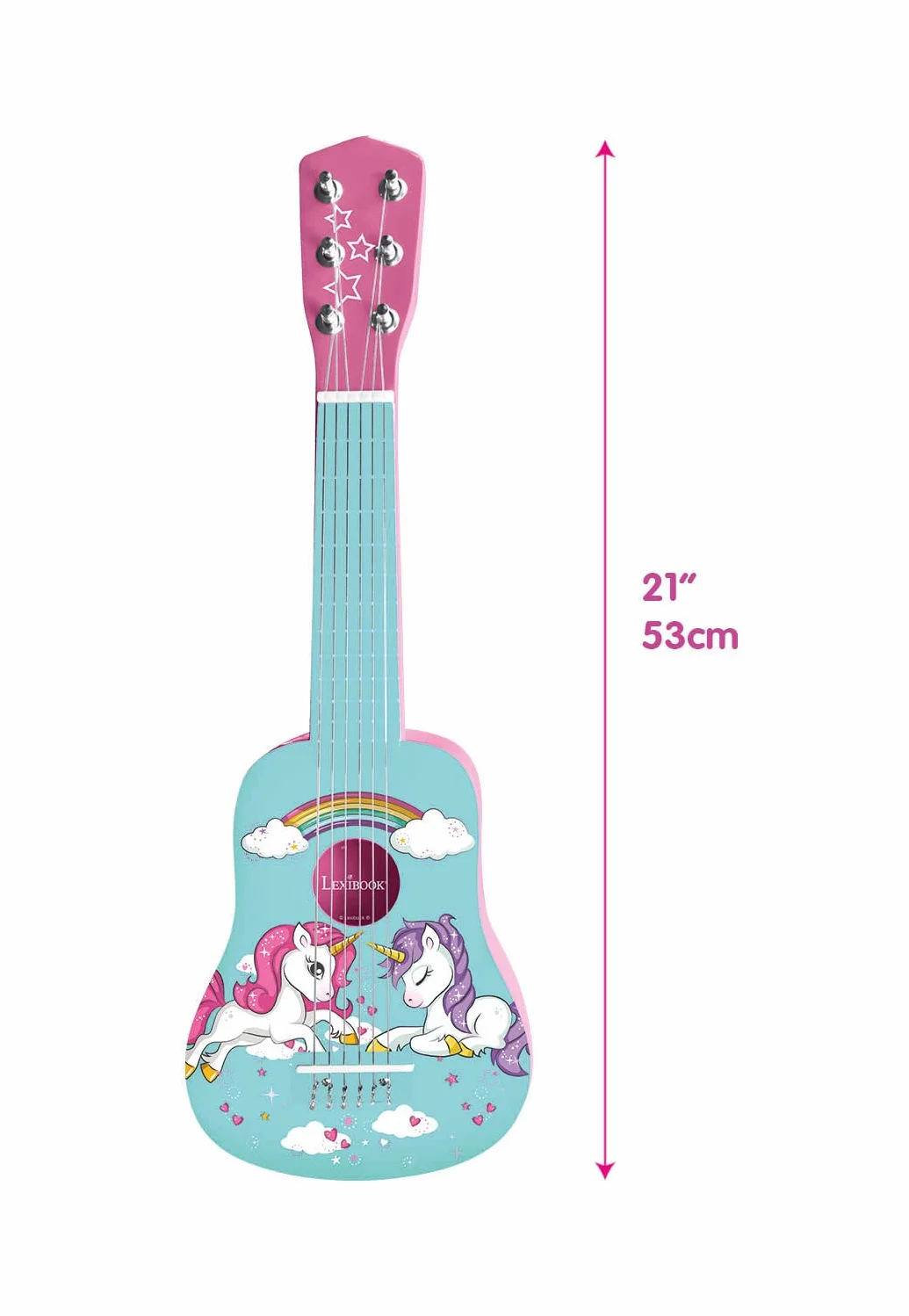 Lexibook, Unicorno, La mia prima chitarra in legno, 6 corde, 53 cm, manuale incluso, rosa/blu, K205UNI