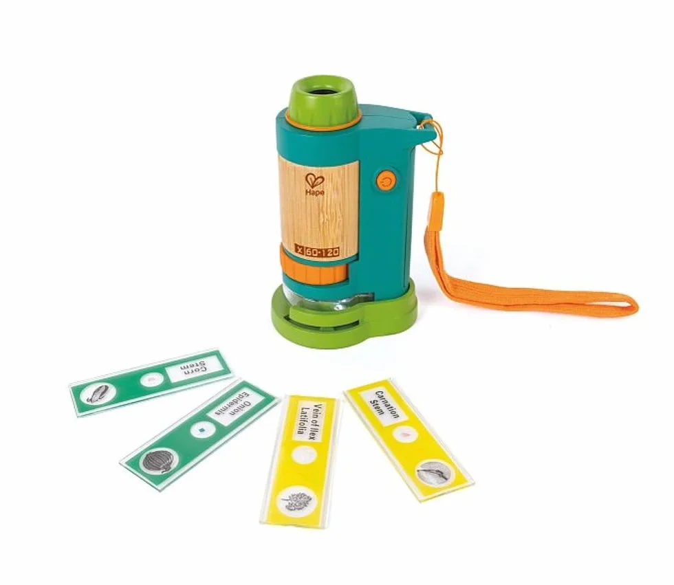 Hape Nature Fun - Microscopio portatile in materiali eco con 4 vetrini e ingrandimento fino a 120x - Adatto dai 4 anni in su