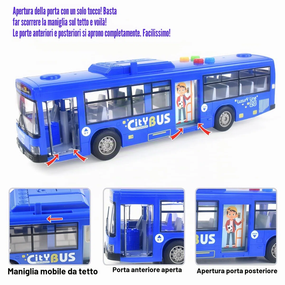 Giocattolo a forma di autobus per ragazzi e ragazze, con luci e suoni, pneumatici realistici, porte funzionali simulate, movimento ad attrito, blu