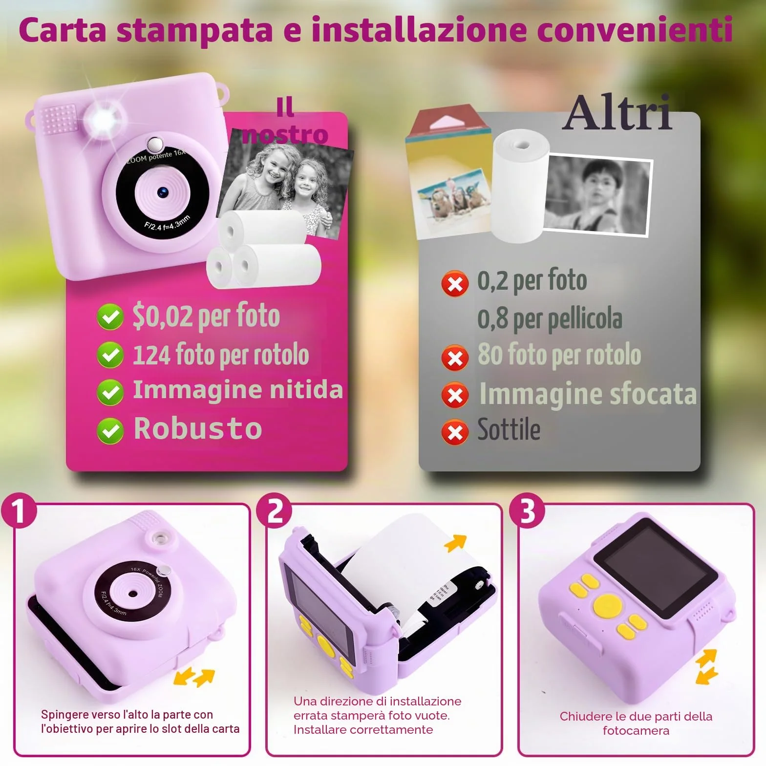 CHRERNA Macchina Fotografica Bambini Istantanea,2,4 Pollici Fotocamera Istantanea Bambini con 32GB Scheda, 1080P HD Fotocamera Digitale Bambina, Regalo per Ragazze Ragazzi da 3-12 Anni