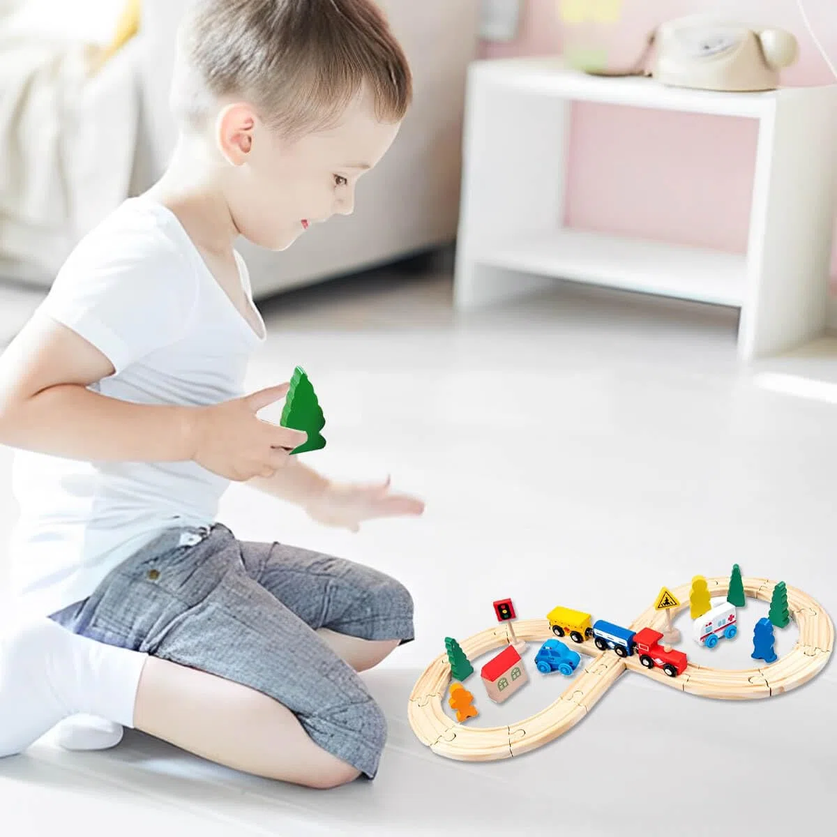 LiRiQi Pista Treno in Legno, 33 pezzi Giocattolo per ferrovia in legno per bambini, Pista Macchinine giochi, Pista Trenino Legno Creativo, Giocattolo Educativo Rgali per ragazze ragazzi 3 4 5 6 anni