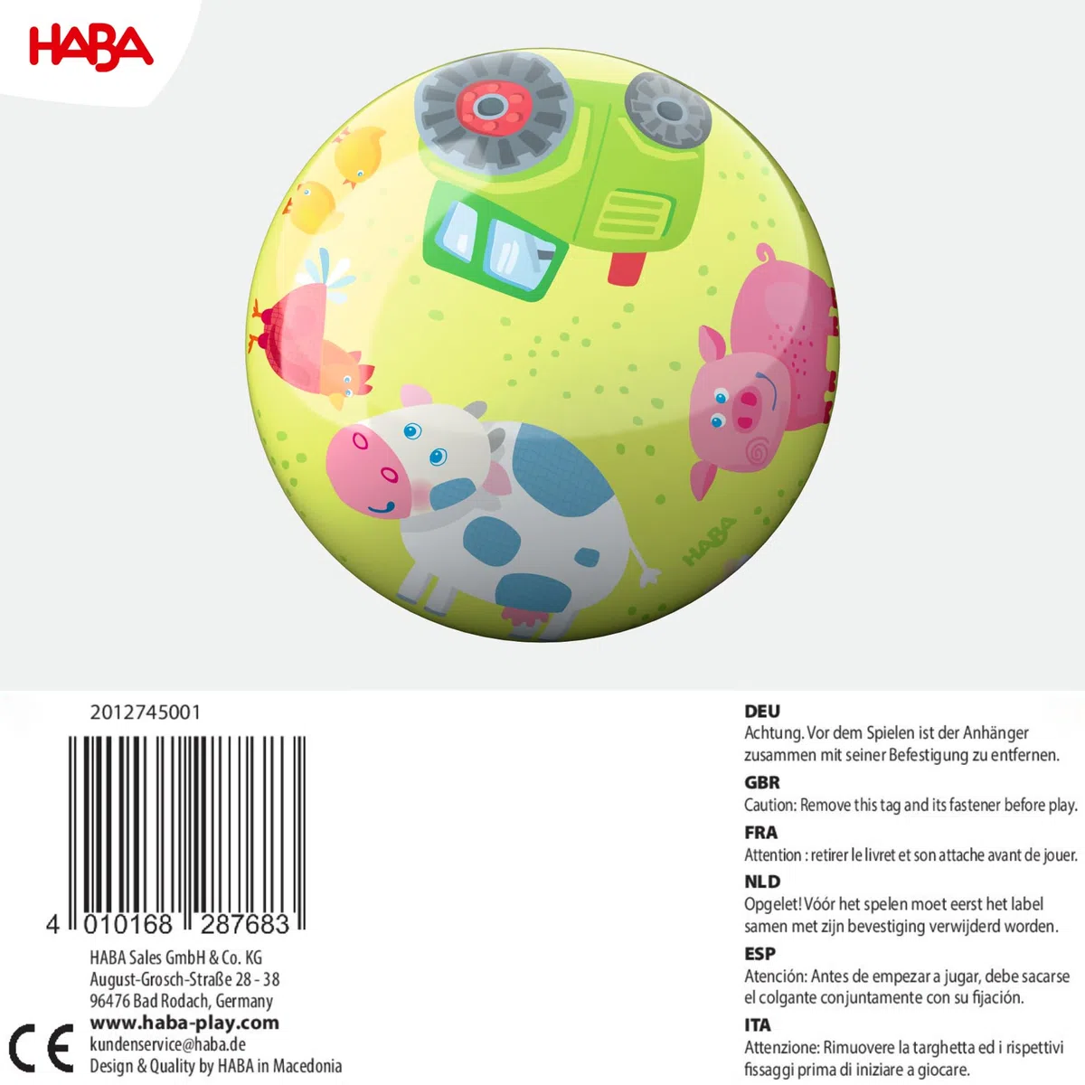 HABA Palla per bambini da fattoria, 22 cm, con valvola, in plastica resistente, colorata per interni ed esterni, dai 2 anni in su, 2012745001