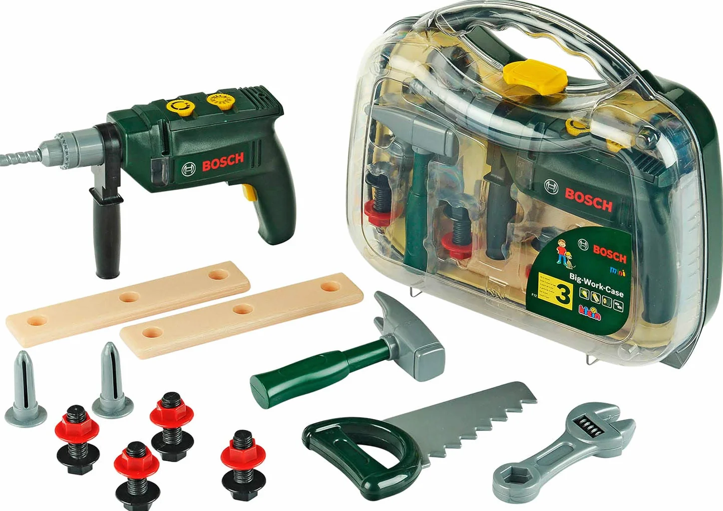 Theo Klein 8416 Valigetta degli Attrezzi Bosch, Grande, 16 Pezzi, con Attrezzi e trapano a Batterie con Luce e Suono, Giocattoli per Bambini dai 3 Anni in su